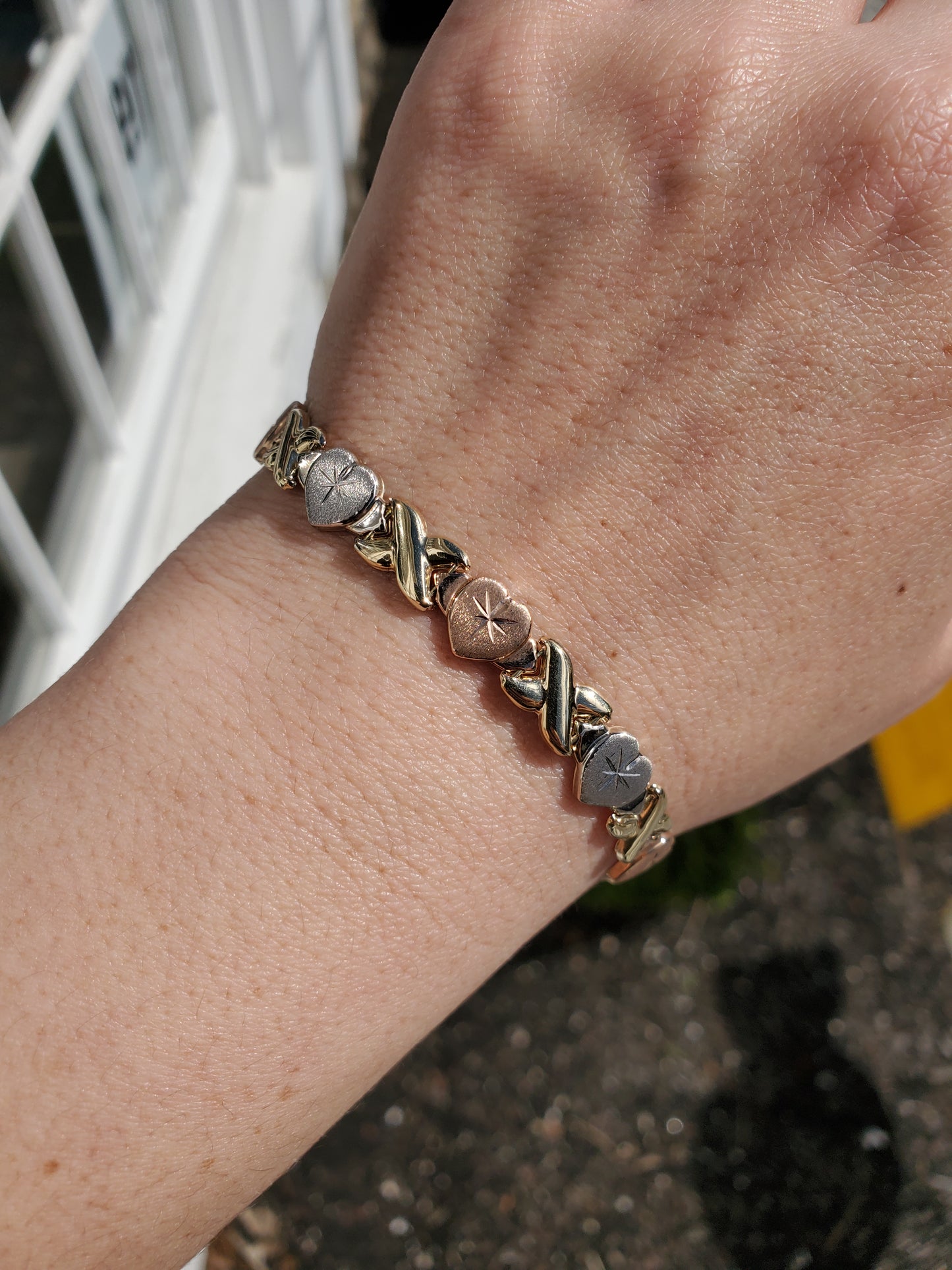 14k Solid Gold Tri-color xoxo hugs and kisses bracelet