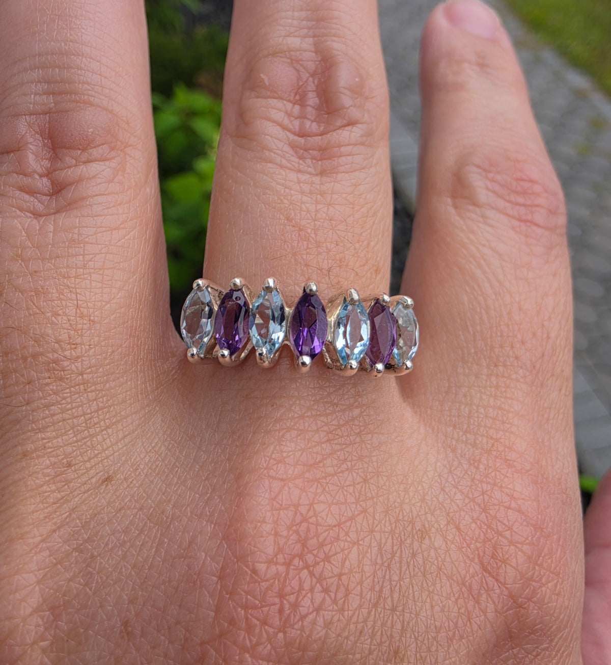 925 Sterling Silver Vintage Marquise Amethyst & Blue Topa Bridge Ring