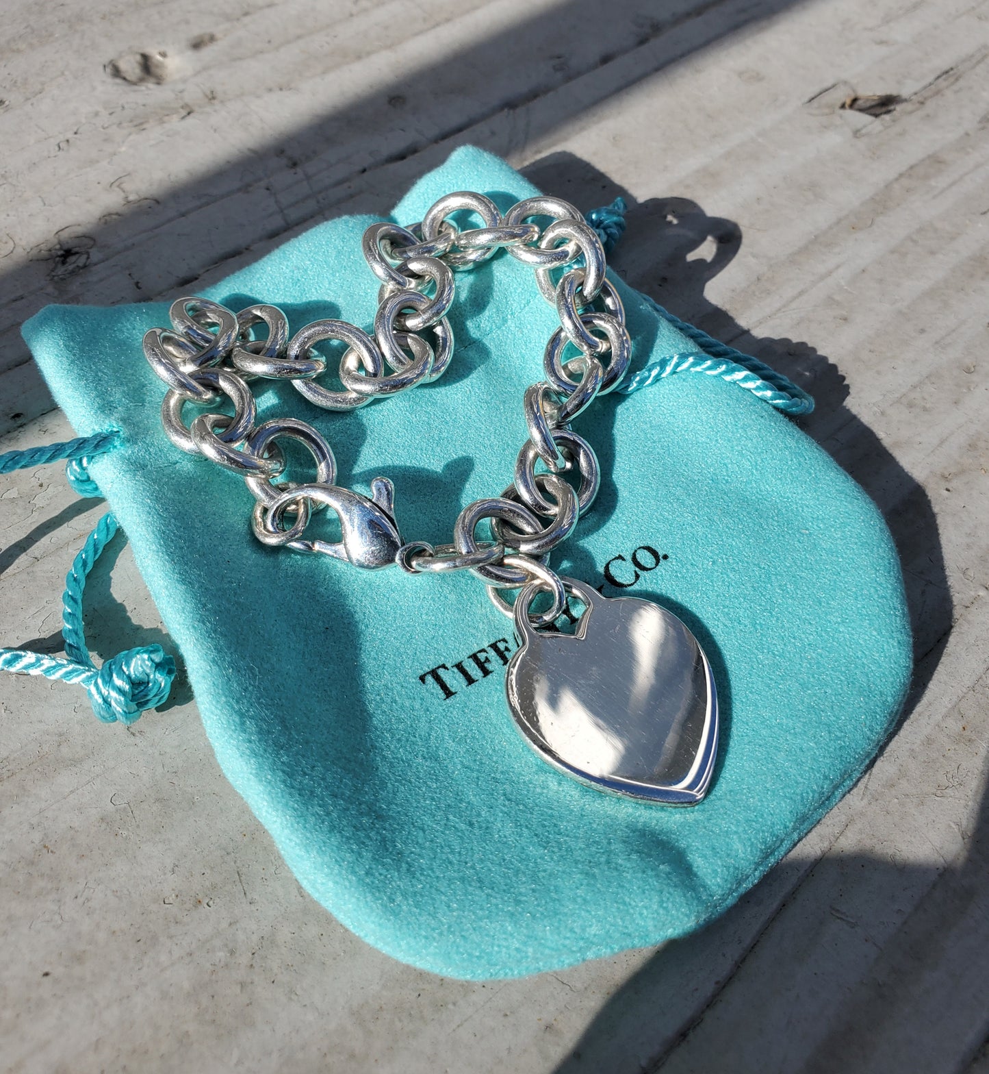 925 Sterling Silver Tiffany & Co. dangle heart tag chain link bracelet