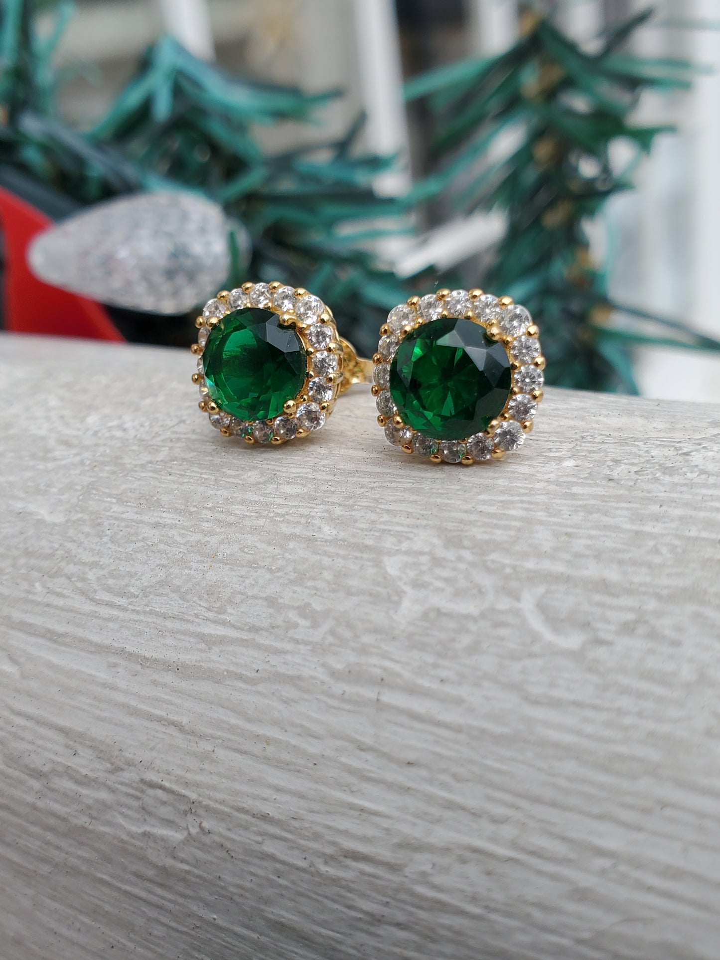 925 Sterling Silver Vermeil Simulated Green Emerald Zirconia CZ Stud Earrings
