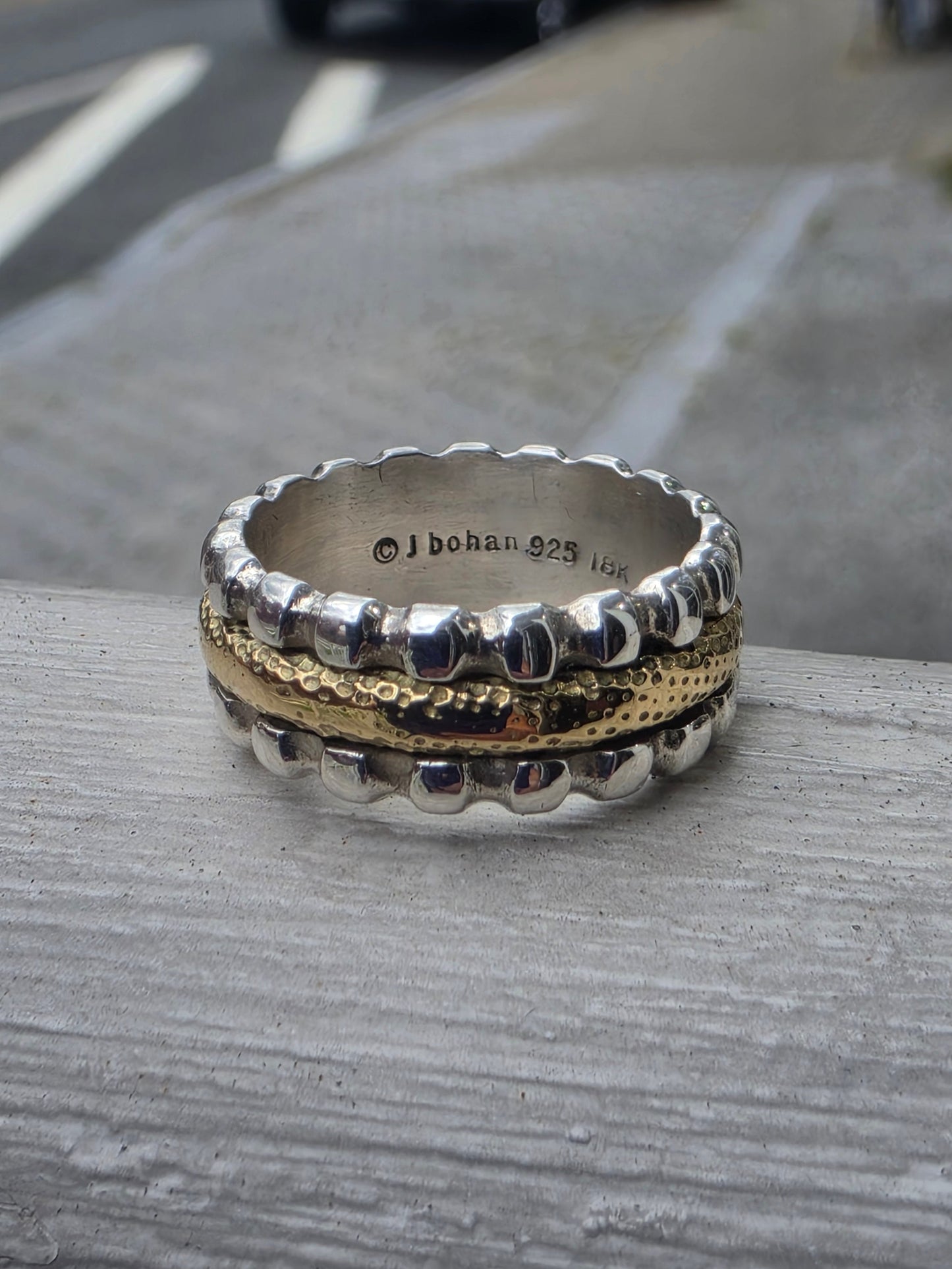 925 Sterling Silver & Solid 18k Gold Designer Jane J Bohan 7.5mm Band Ring
