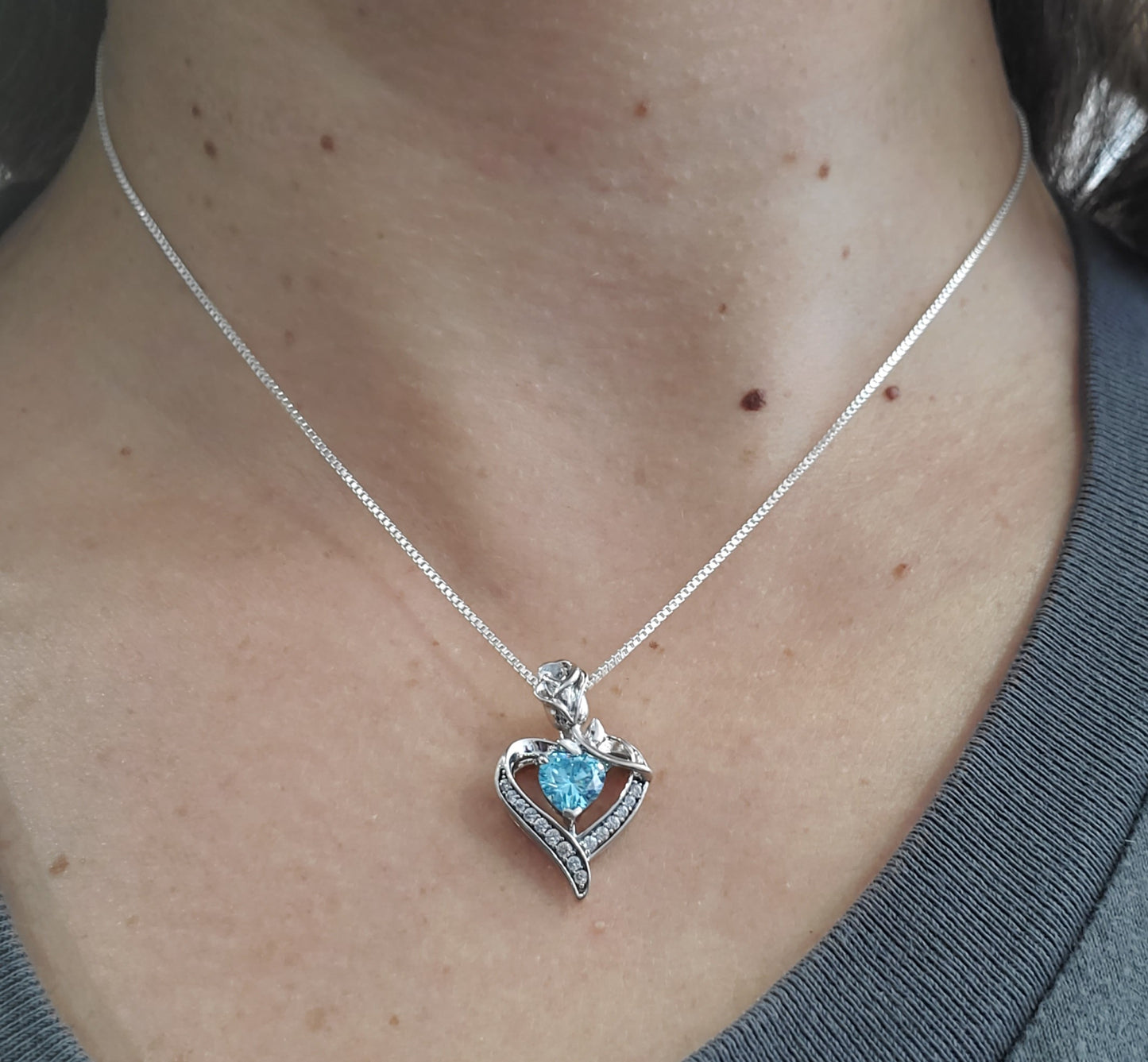925 Sterling Silver Blue Topaz Zirconia Heart Rose Necklace