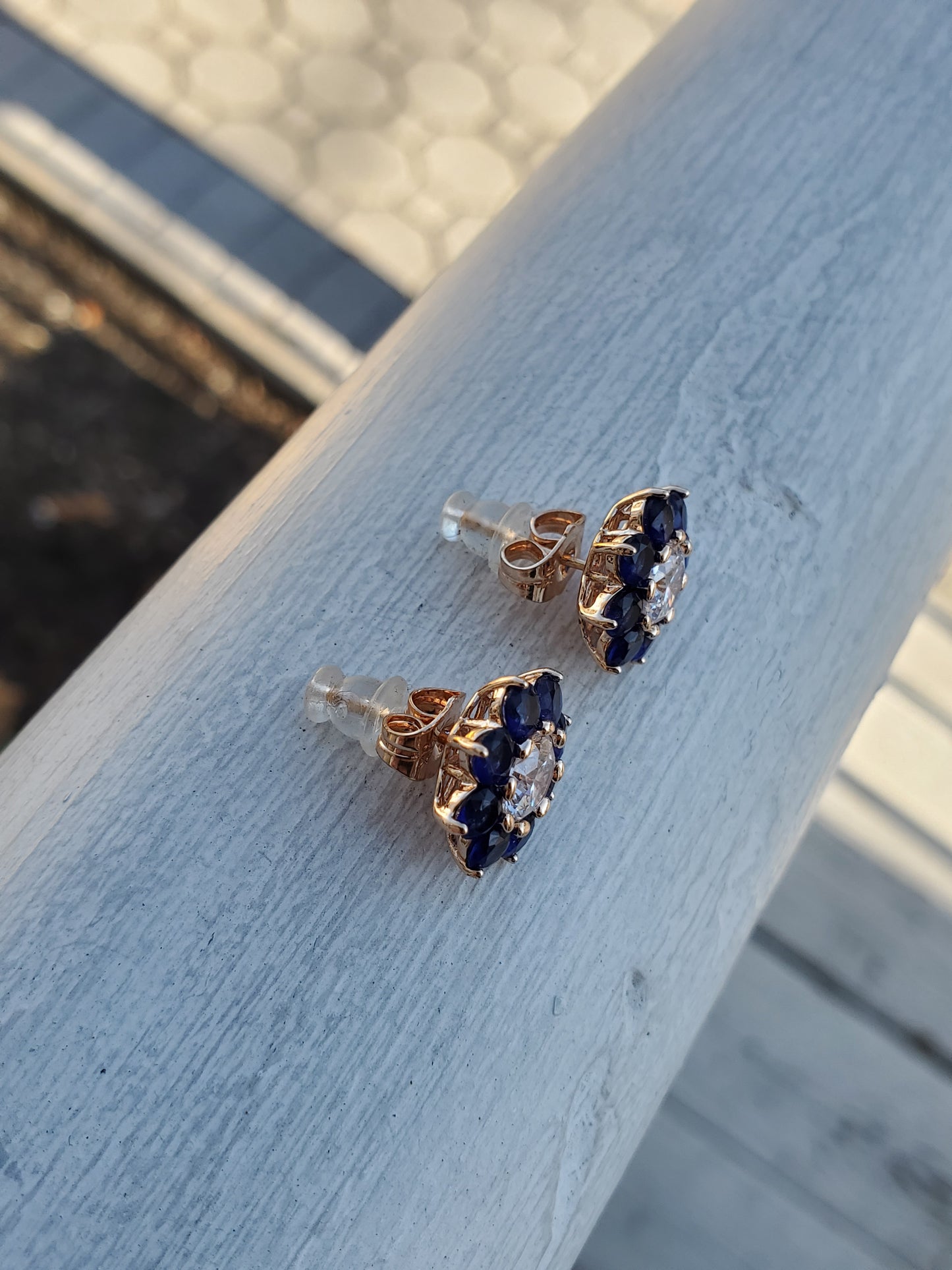 Stainless Steel Gold Plated Synthetic Sapphire & Zirconia CZ Flower Stud/Post Earrings