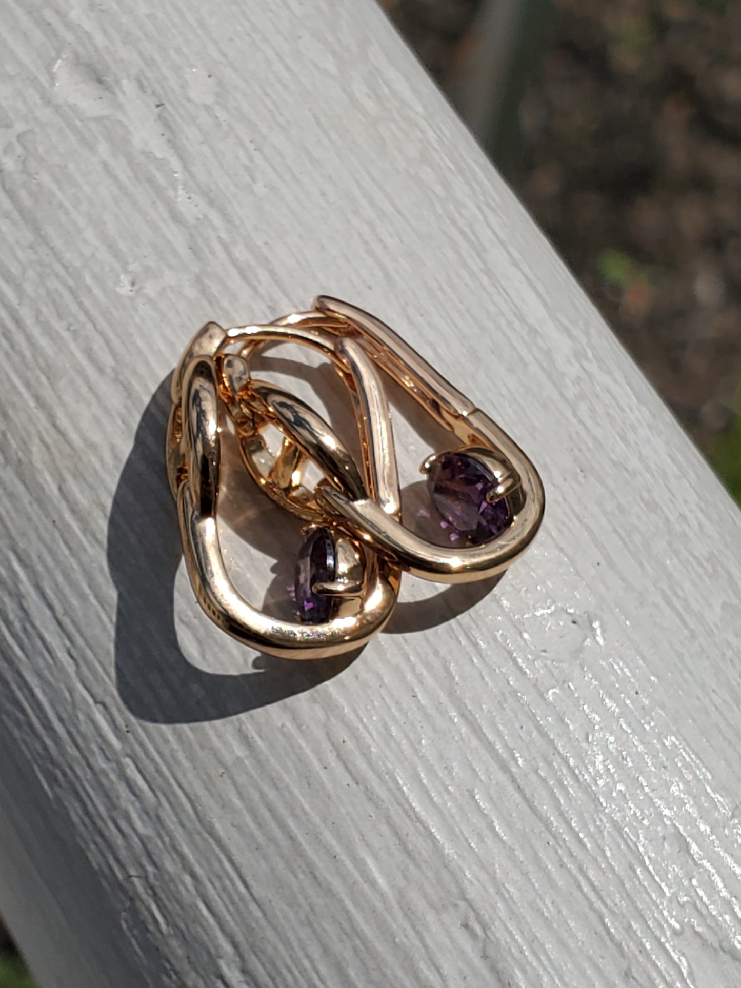 Stainless Steel 316-L Gold-plated Puff Gucci Oval Oblong Simulated Amethyst Huggie Hoop Earrings
