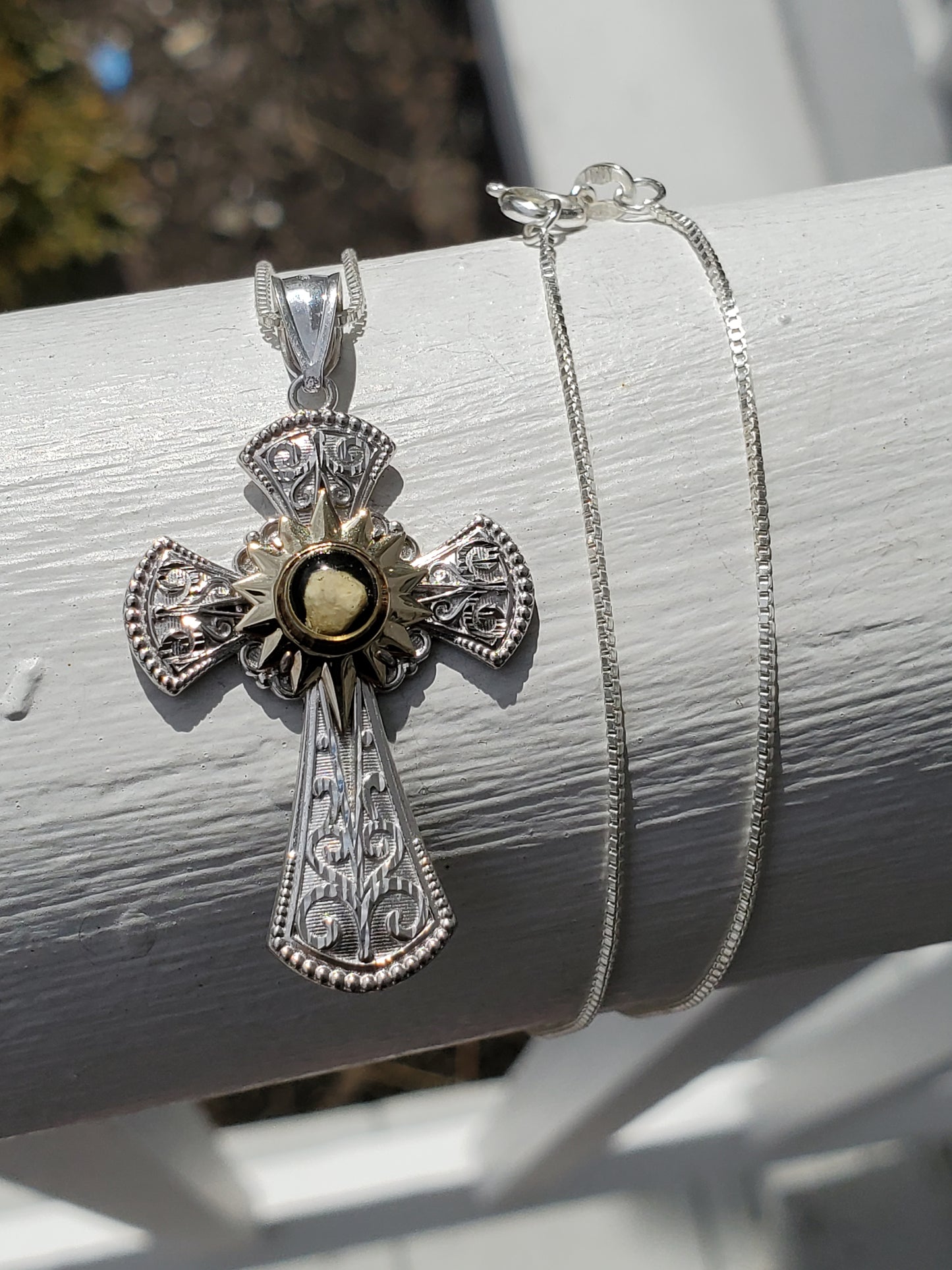 925 Sterling Silver & 10k Gold Nativity Stone Cross Necklace w/chain