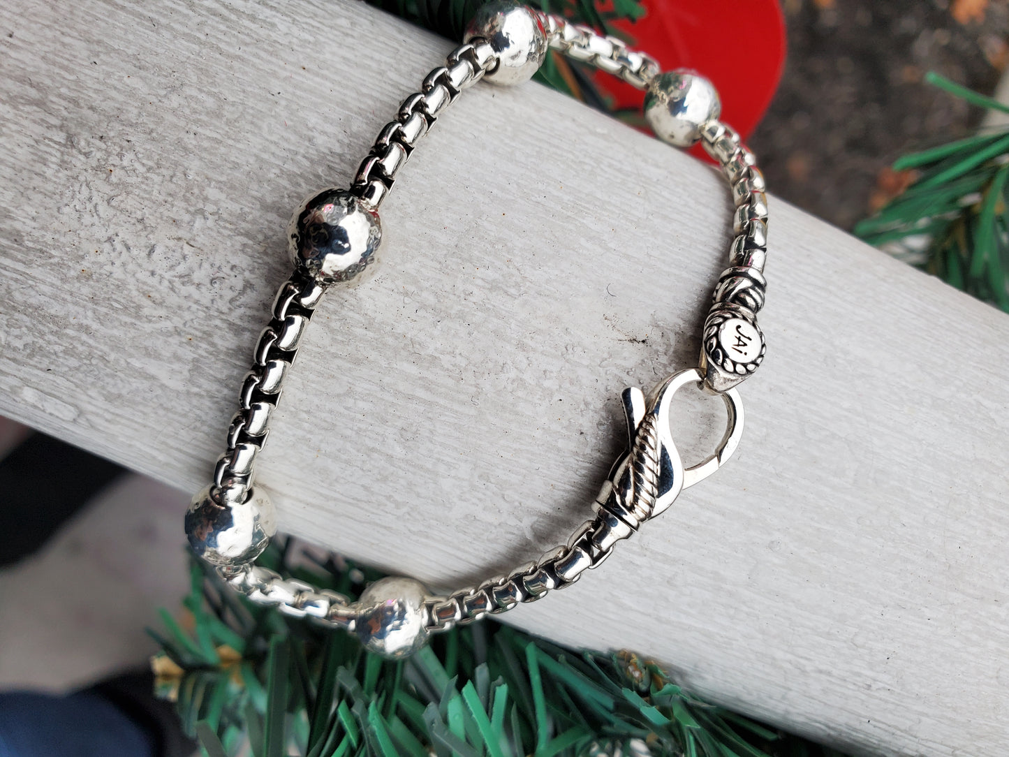 925 Sterling Silver Designer John Hardy JAI Hammered Design Beaded Cable Link Chain Bracelet