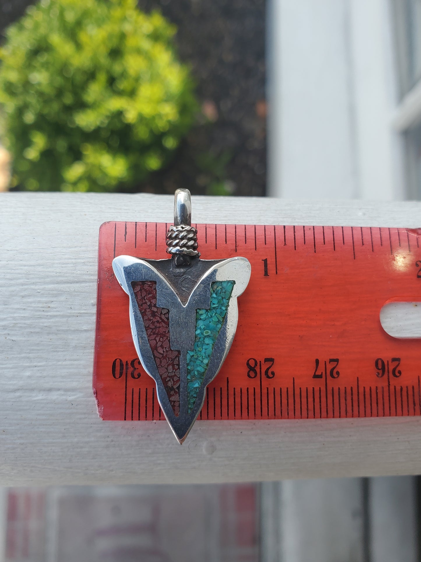 925 Sterling Silver crushed Turquoise & Coral Inlay Arrowhead Pendant Charm