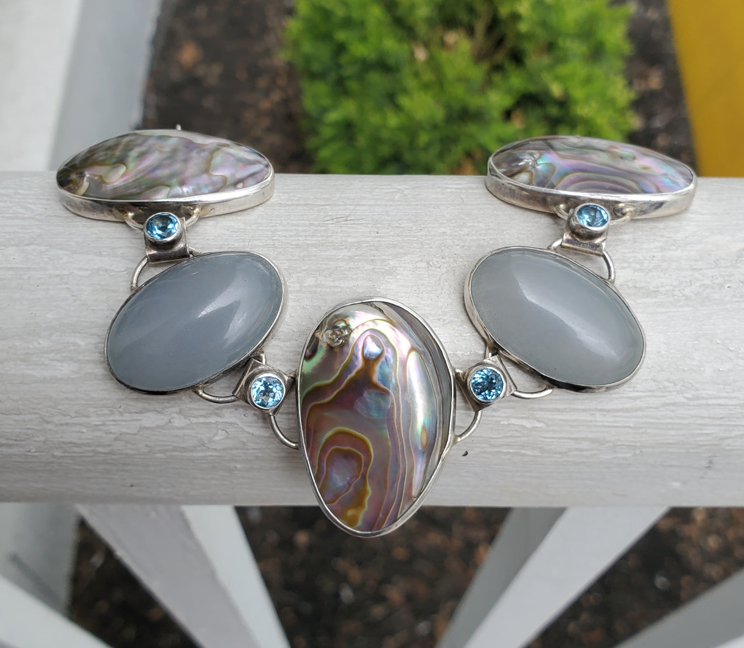 925 Sterling Silver Abalone, Gray Moonstone & Blue Topaz Large Stone Bracelet
