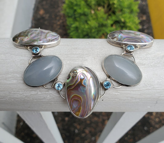 925 Sterling Silver Abalone, Gray Moonstone & Blue Topaz Large Stone Bracelet