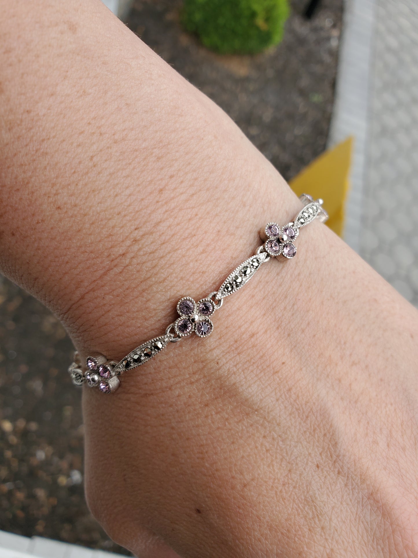 925 Sterling Silver Pink Zirconia & Marcasite Flower Bracelet 7.5”