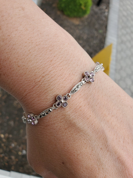 925 Sterling Silver Pink Zirconia & Marcasite Flower Bracelet 7.5”