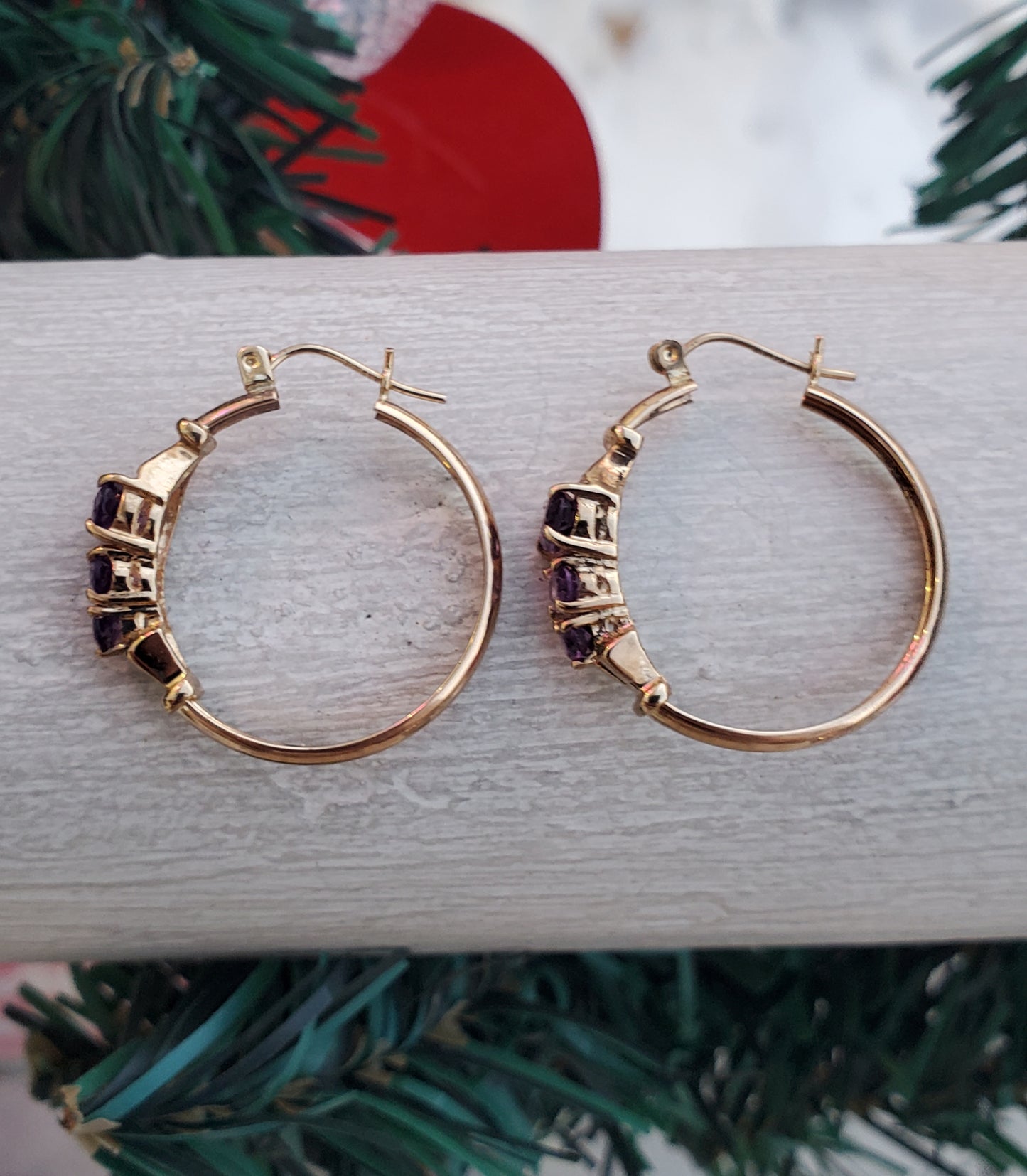 14k Solid Gold Natural Amethyst Hoop Earrings