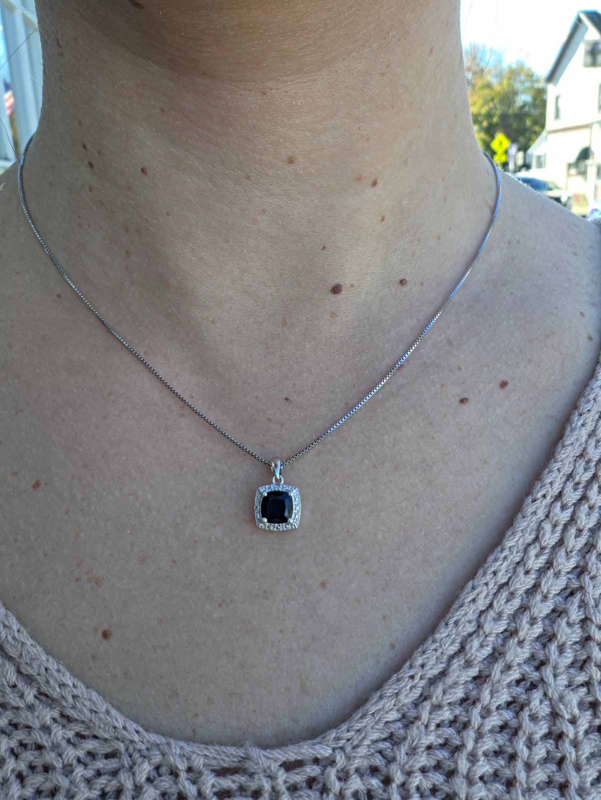 925 Sterling Silver Mini Albion Style Black Spinel & CZ Halo Necklace