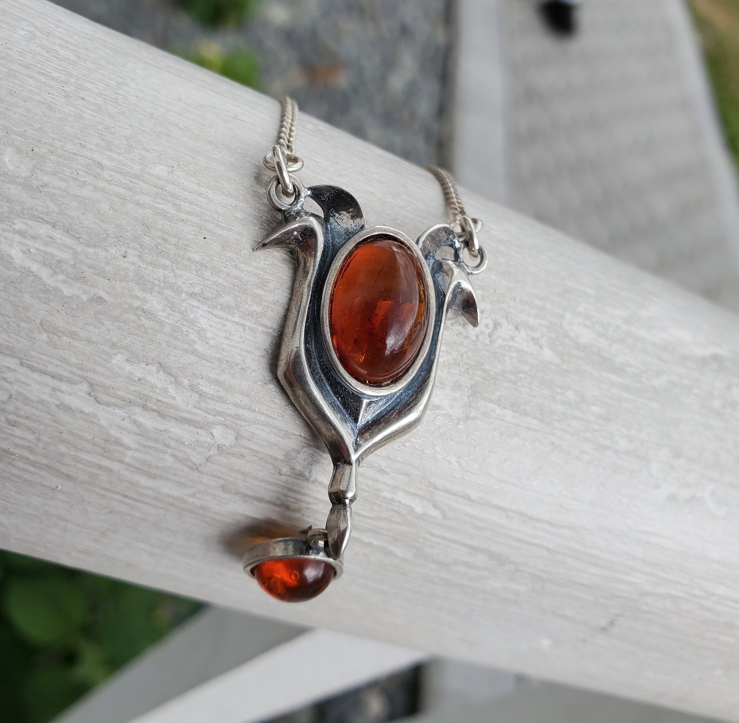 925 Sterling Silver Natural Amber Tulip Dangling Necklace