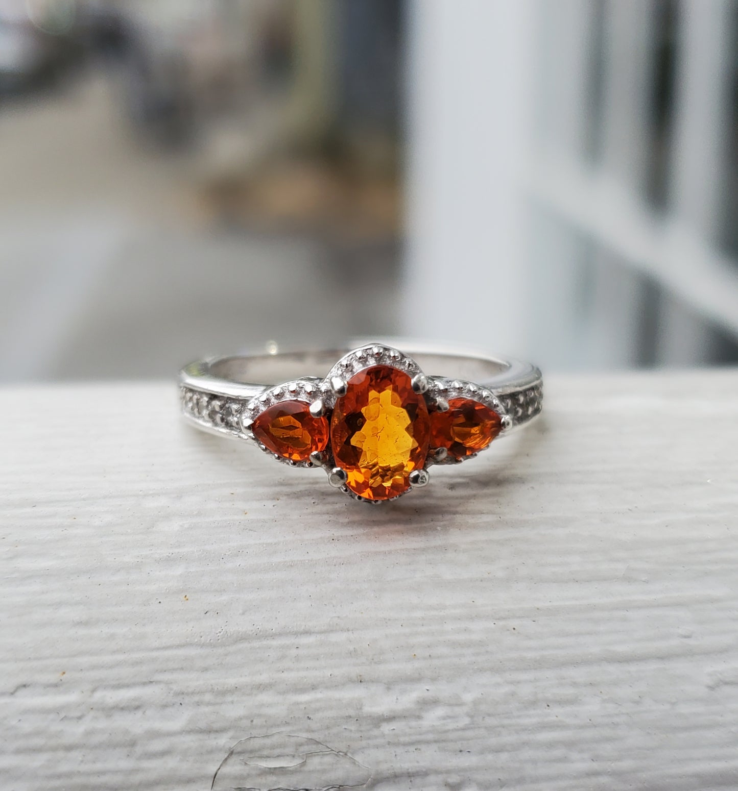 925 Sterling Silver Tangerine Orange & Clear Zirconia Past Present Future Ring