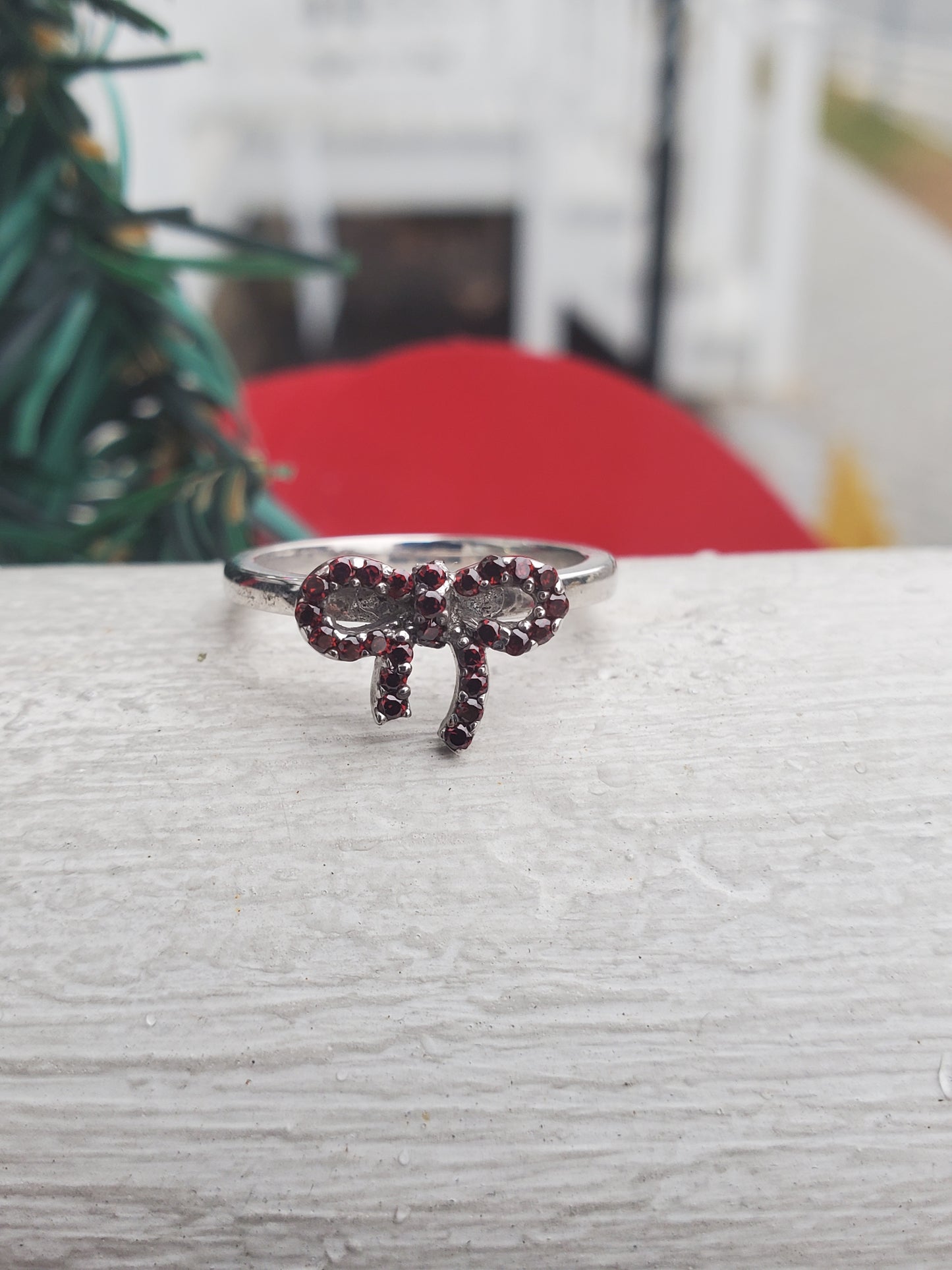 925 Sterling Silver Red Garnet Holiday Bow Ring