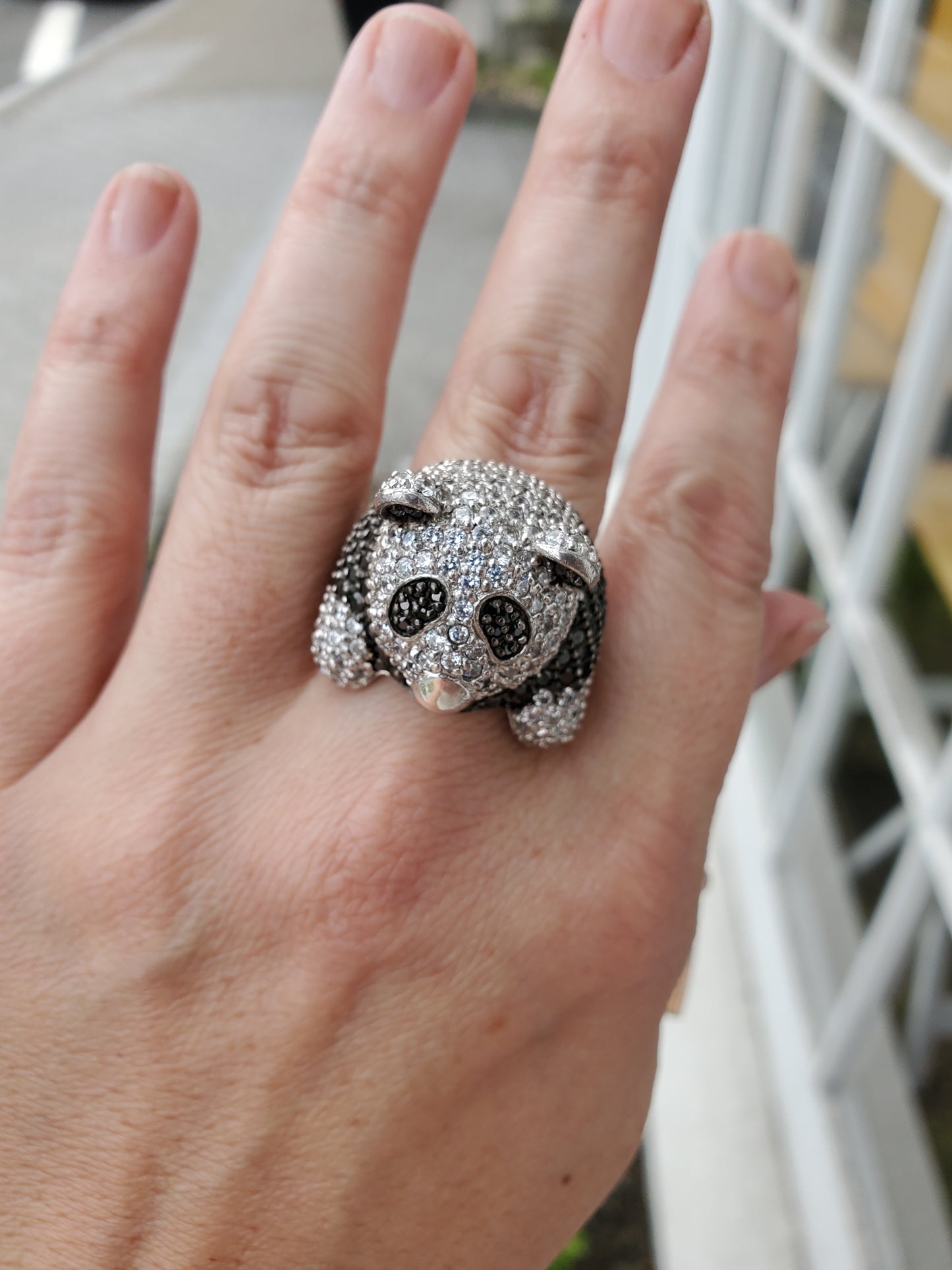 925 Sterling Silver Large Panda Black & Clear CZ Zirconia Cocktail Ring