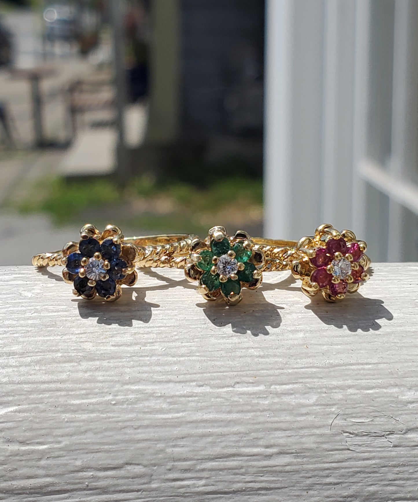 925 Sterling Silver Vermeil Natural Sapphire, Ruby, Emerald, & Diamond Flower Stack Rings