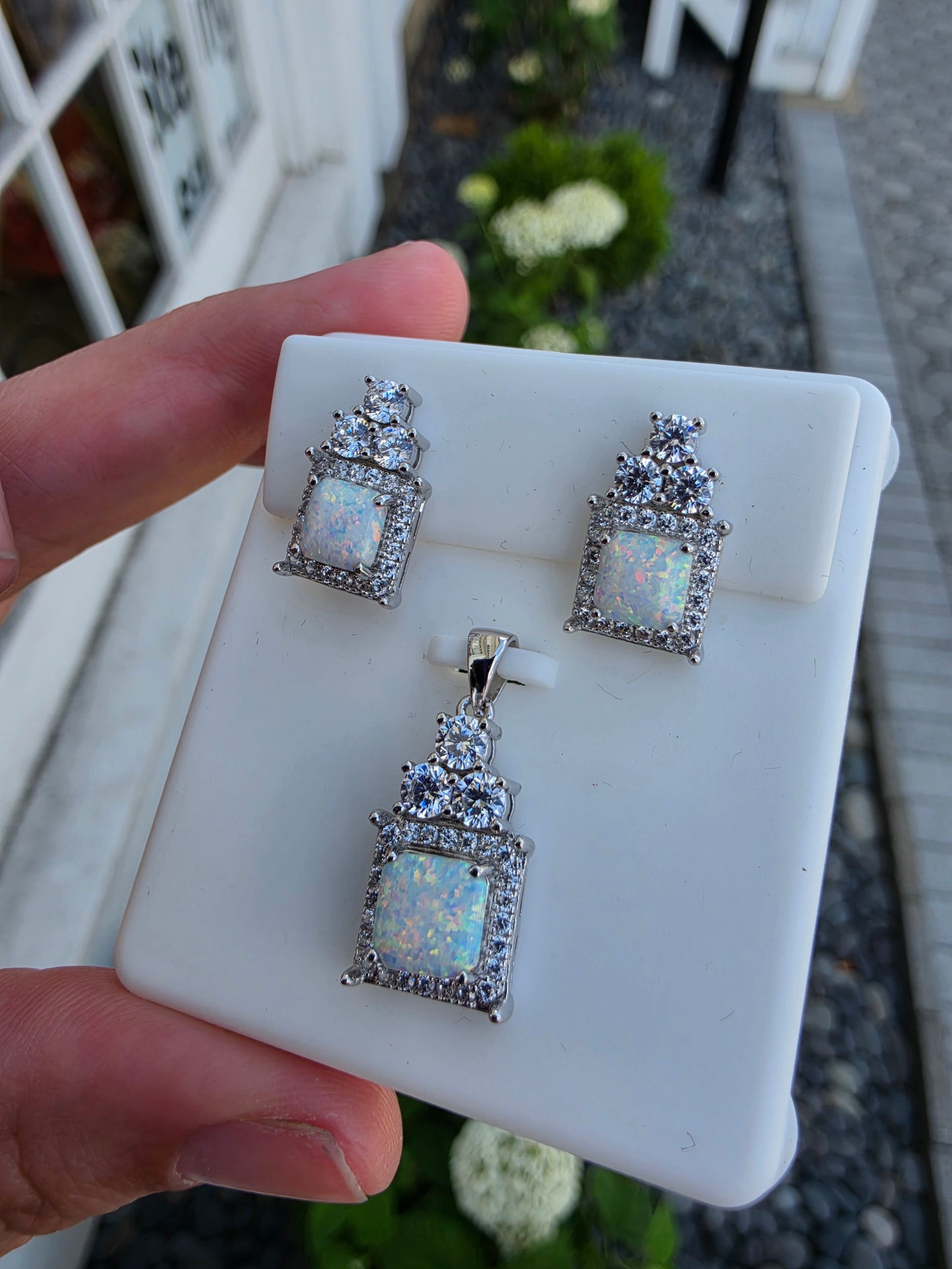925 Sterling Silver Cushion Cut Opal & White Spinel Pendant & Earrings Gift Set