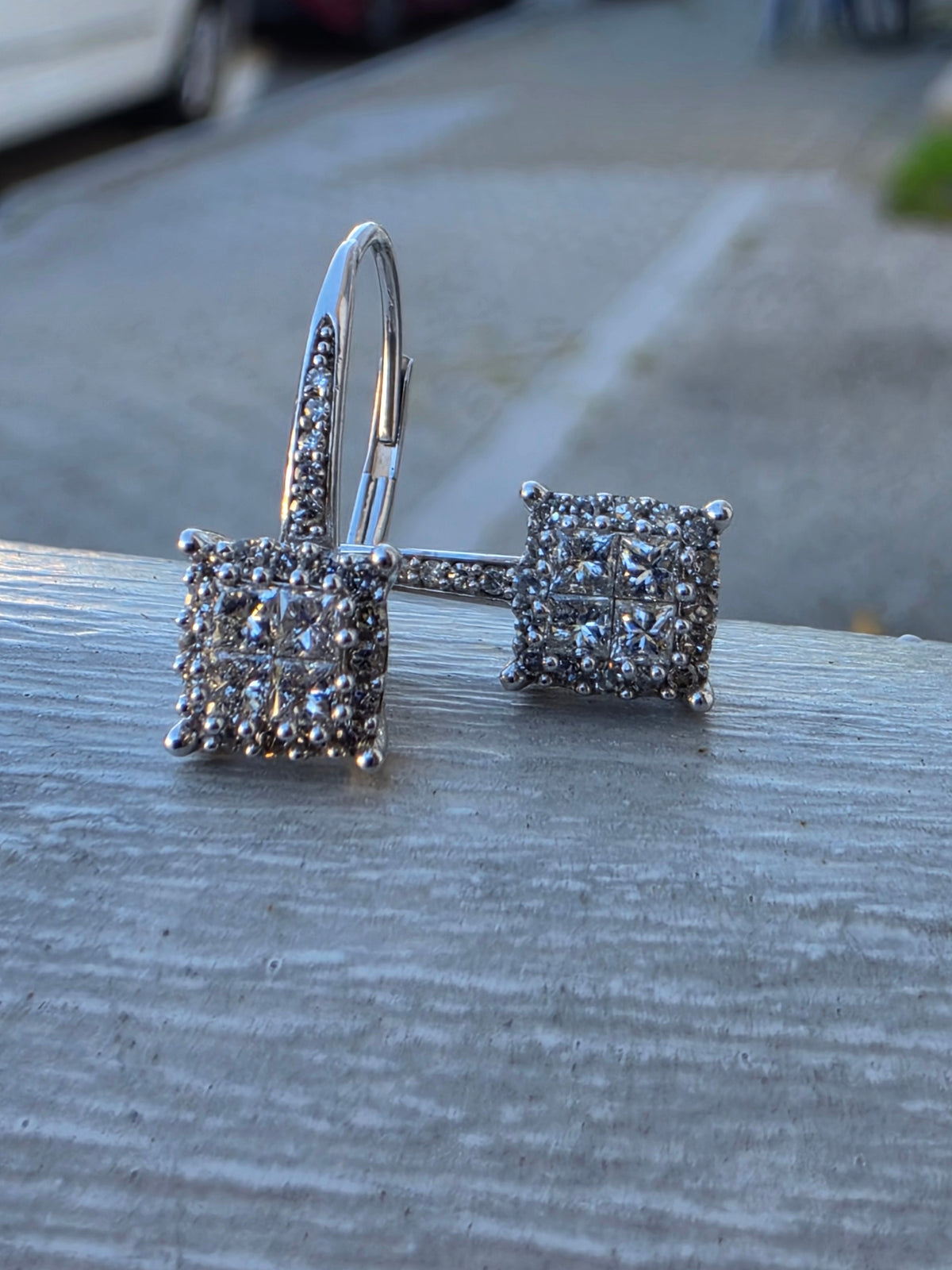 14k Solid White Gold Princess & Round Cut Natural Diamond Cluster Leaverback Earrings