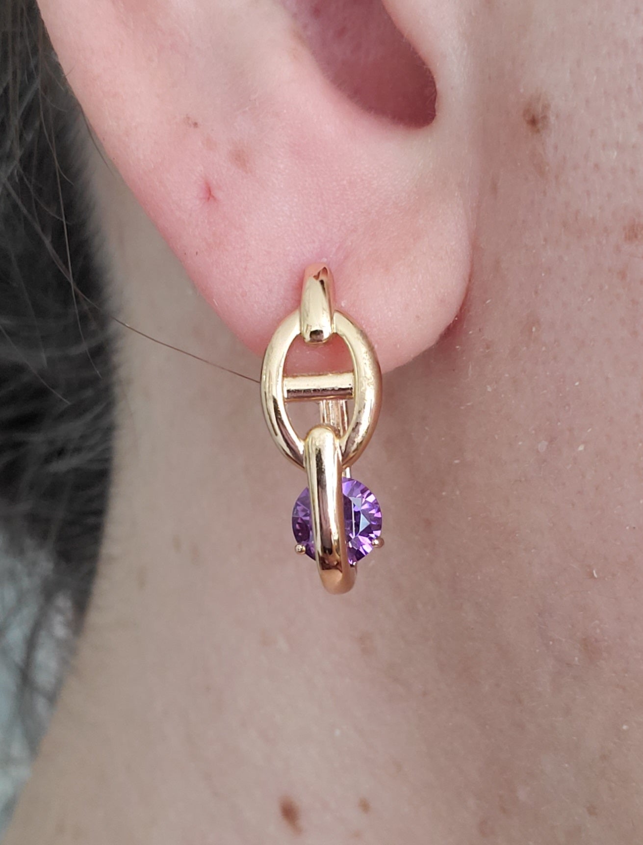 Stainless Steel 316-L Gold-plated Puff Gucci Oval Oblong Simulated Amethyst Huggie Hoop Earrings