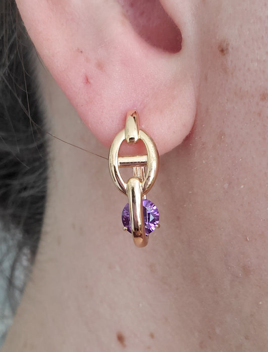 Stainless Steel 316-L Gold-plated Puff Gucci Oval Oblong Simulated Amethyst Huggie Hoop Earrings