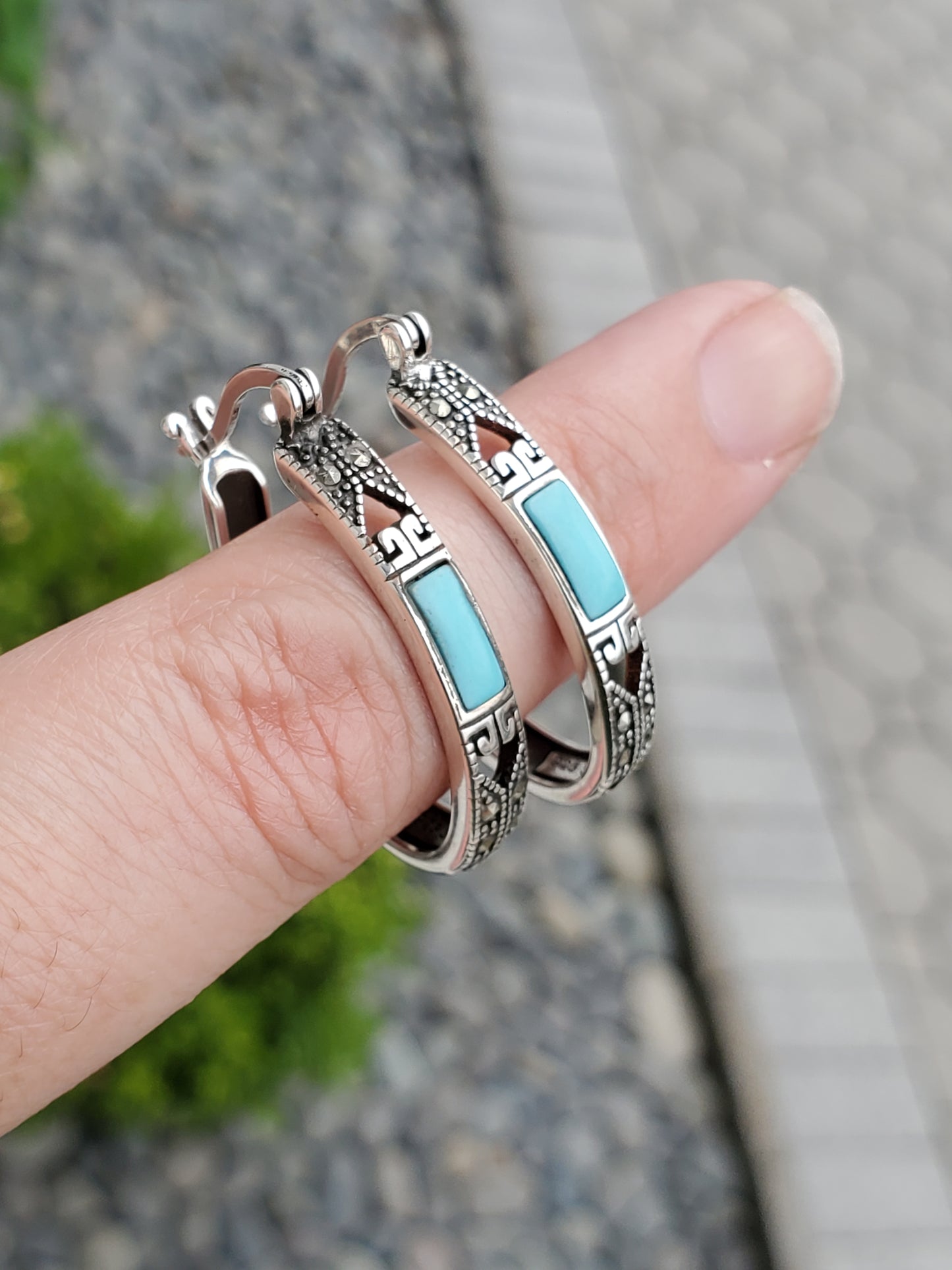 925 Sterling Silver Designer SLC Turquoise & Marcasite Oval Oblong Hoop Earrings
