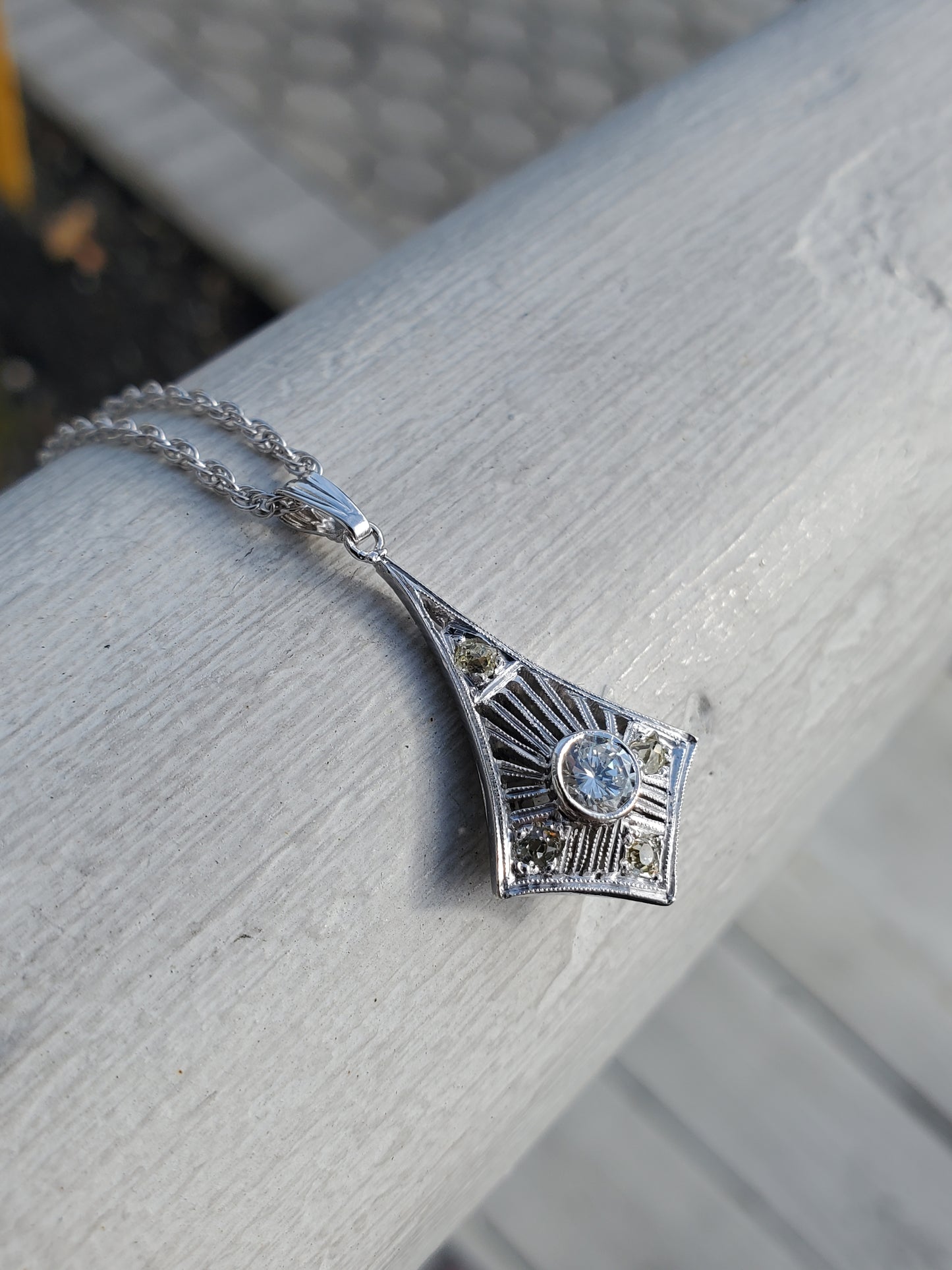 14k Solid White Gold Antique Vertical Diamond Art Deco Pendant Necklace