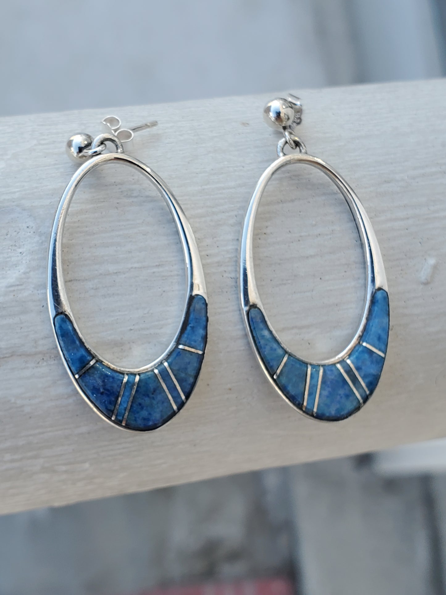 925 Sterling Silver Designer Calvin Begay Zuni Native American Tribal Oblong Lapiz Lazuli Dangling Earrings