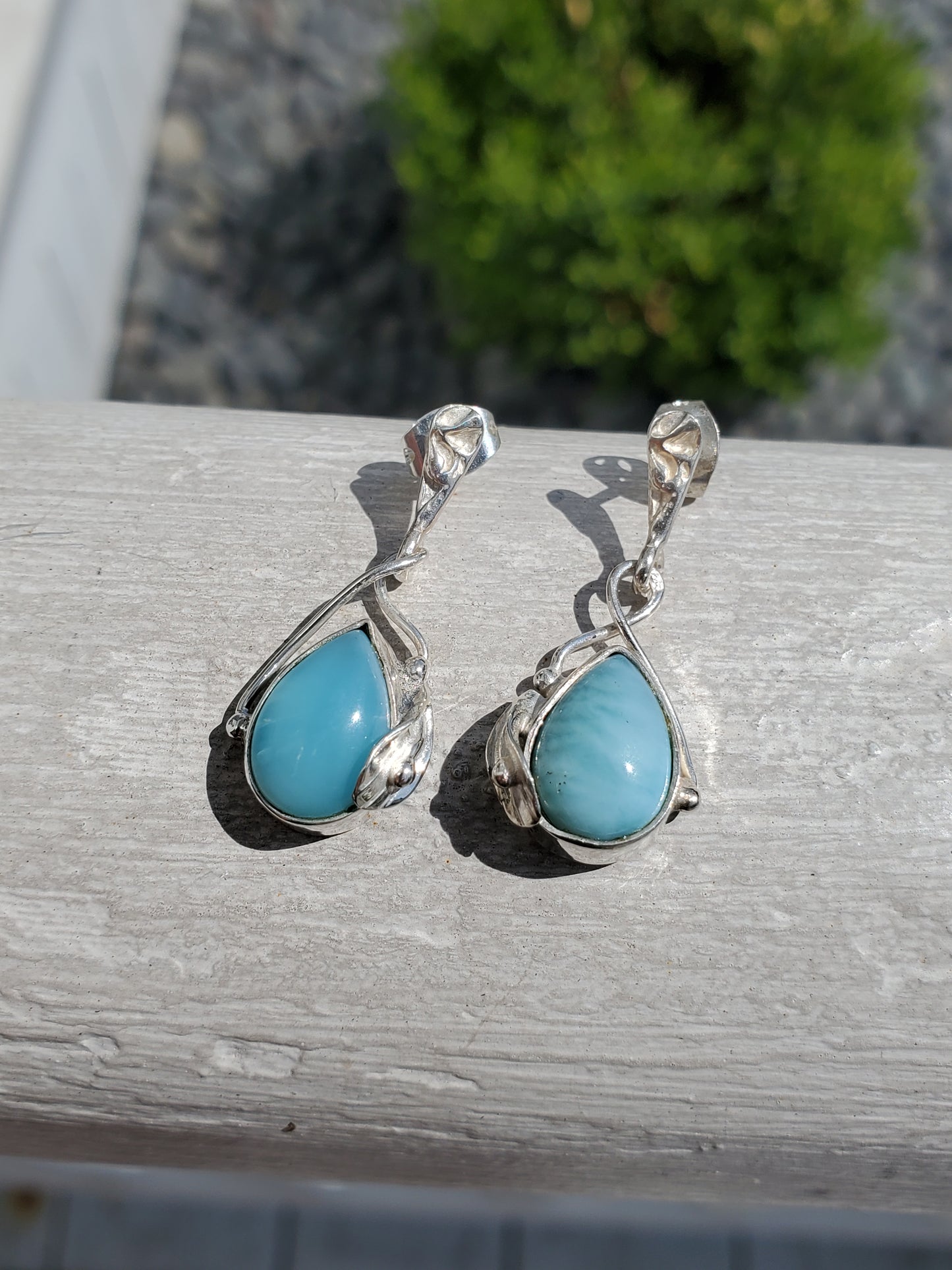 925 Sterling Silver Floral Larimar Dangling Earrings