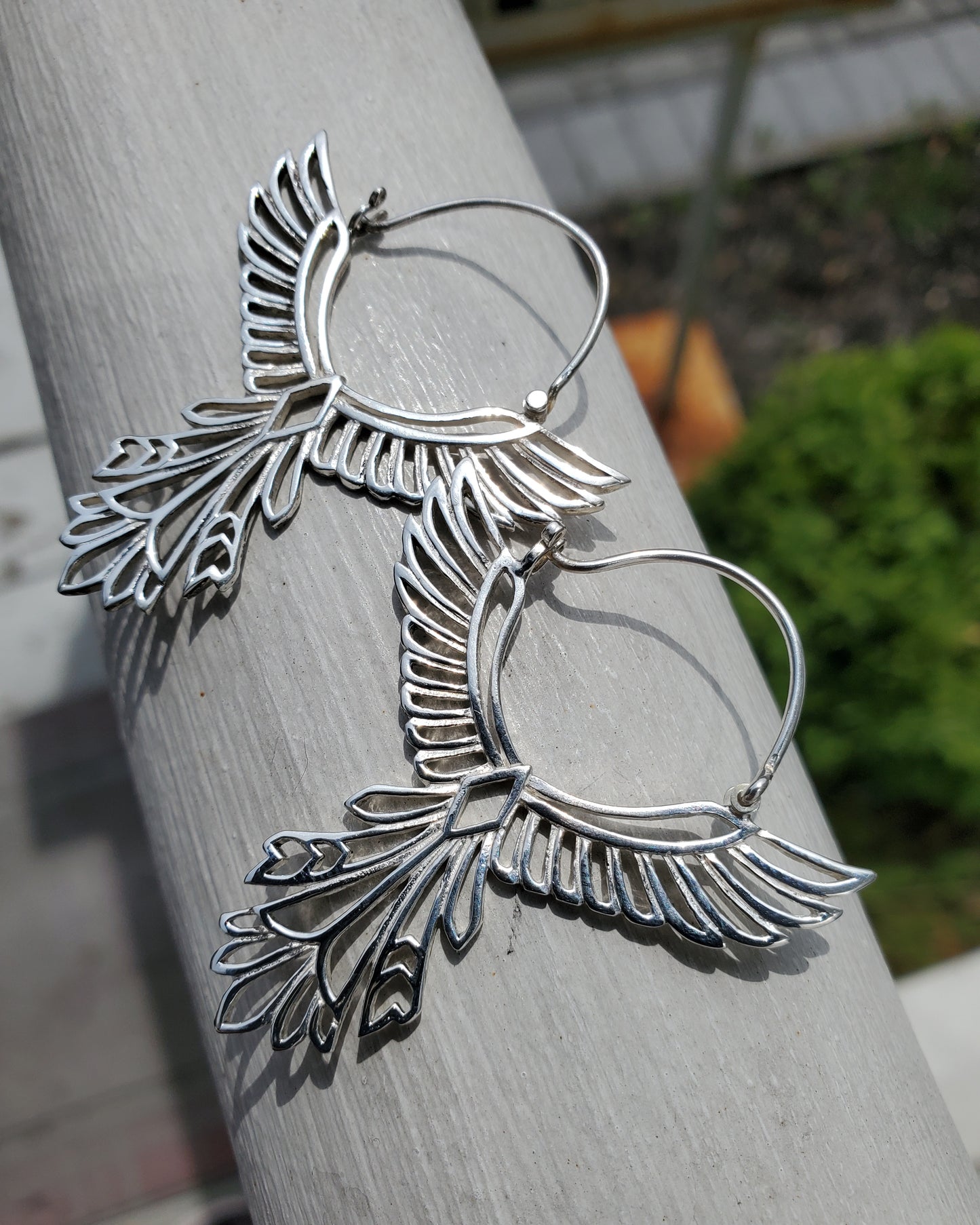 925 Sterling Silver Egyptian Angel Wing Phoenix Filagre Hoop Earrings