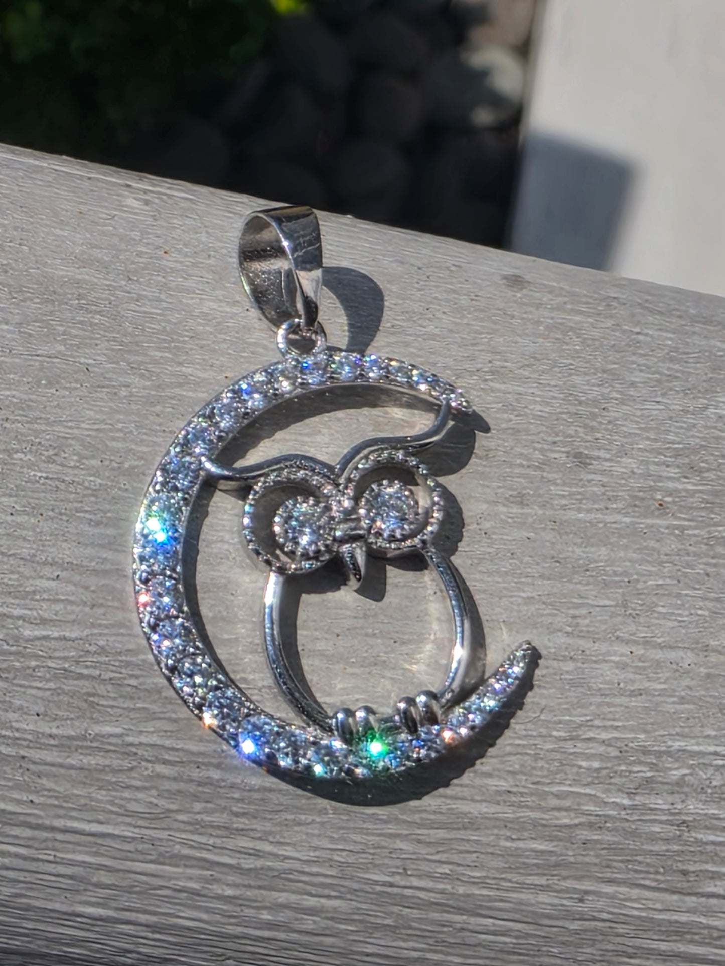 925 Sterling Silver Crescent Moon Owl White Spinel Pendant