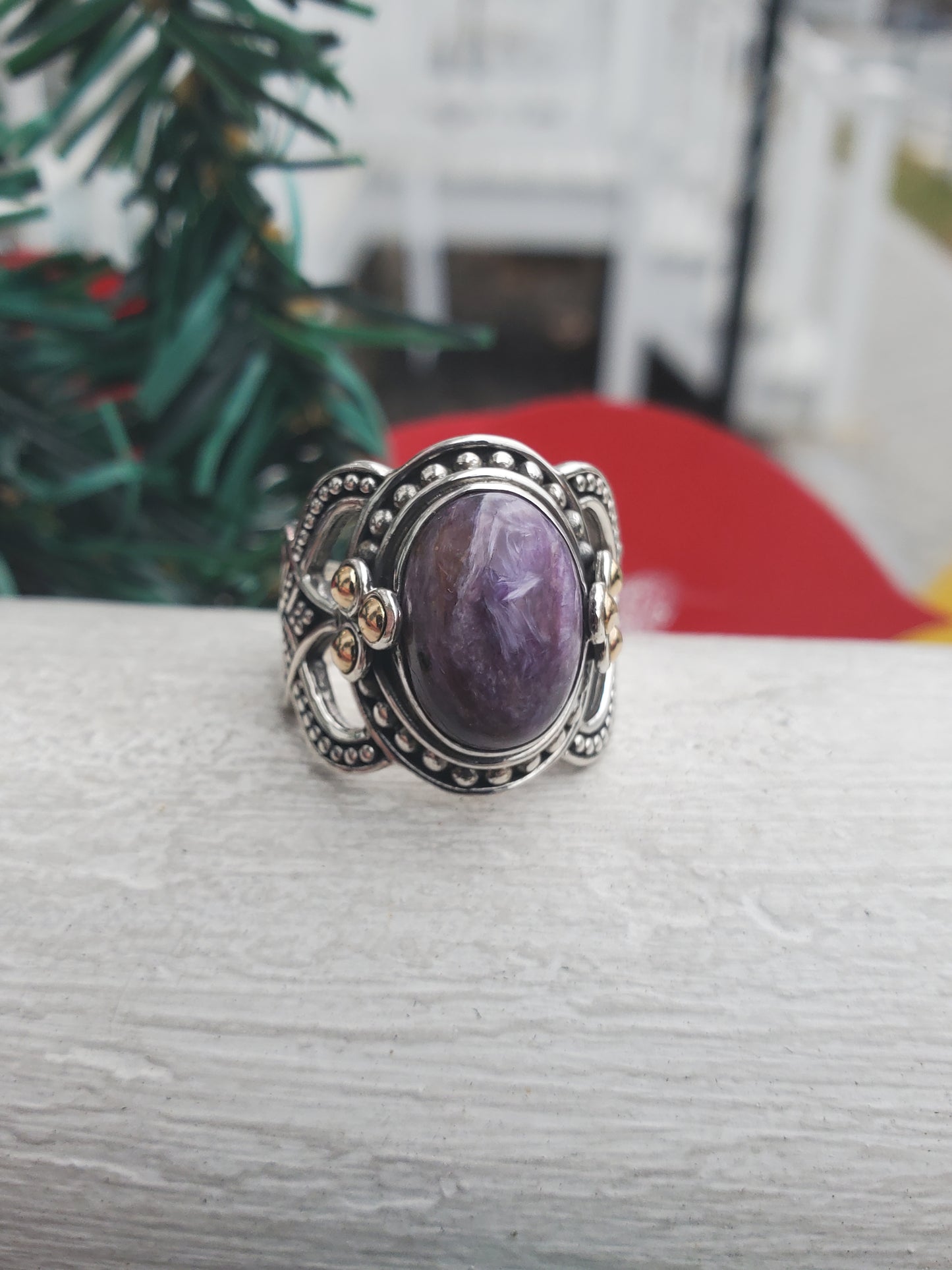 925 Sterling Silver & 14k Gold Designer BA Suarti Charoite Beaded Ring