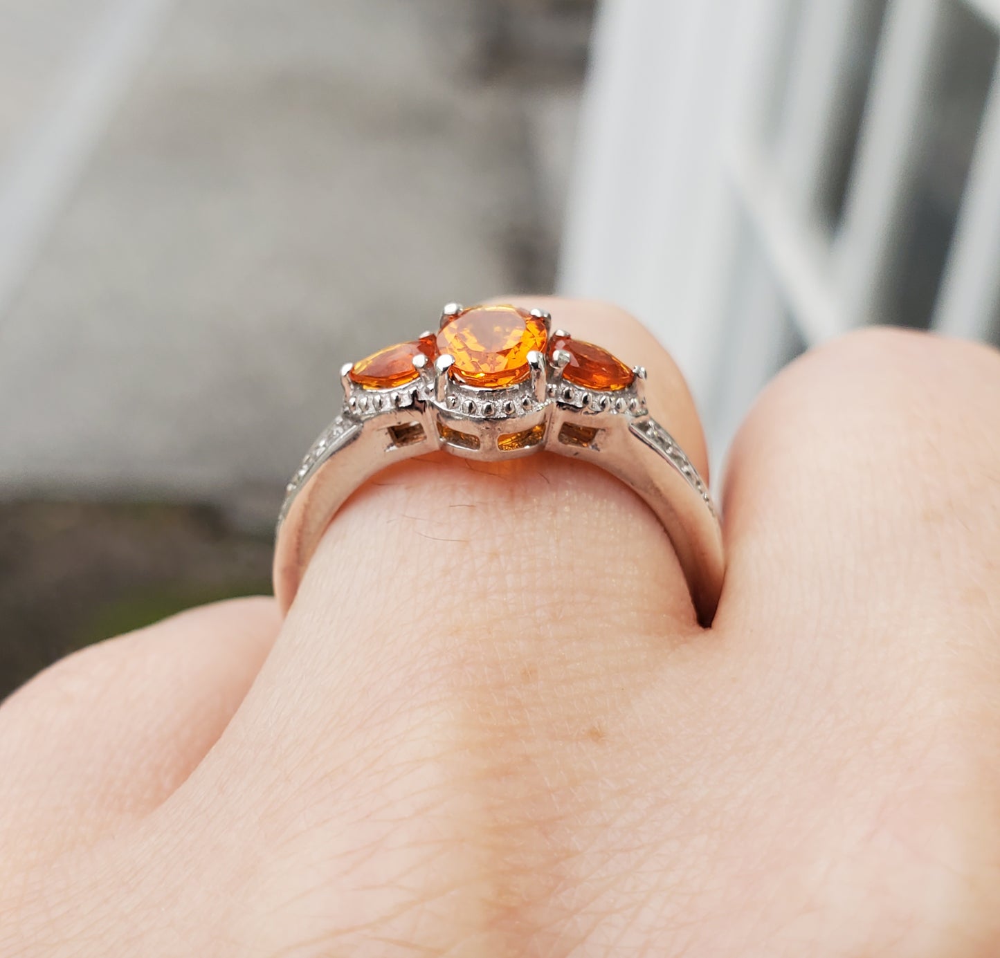 925 Sterling Silver Tangerine Orange & Clear Zirconia Past Present Future Ring