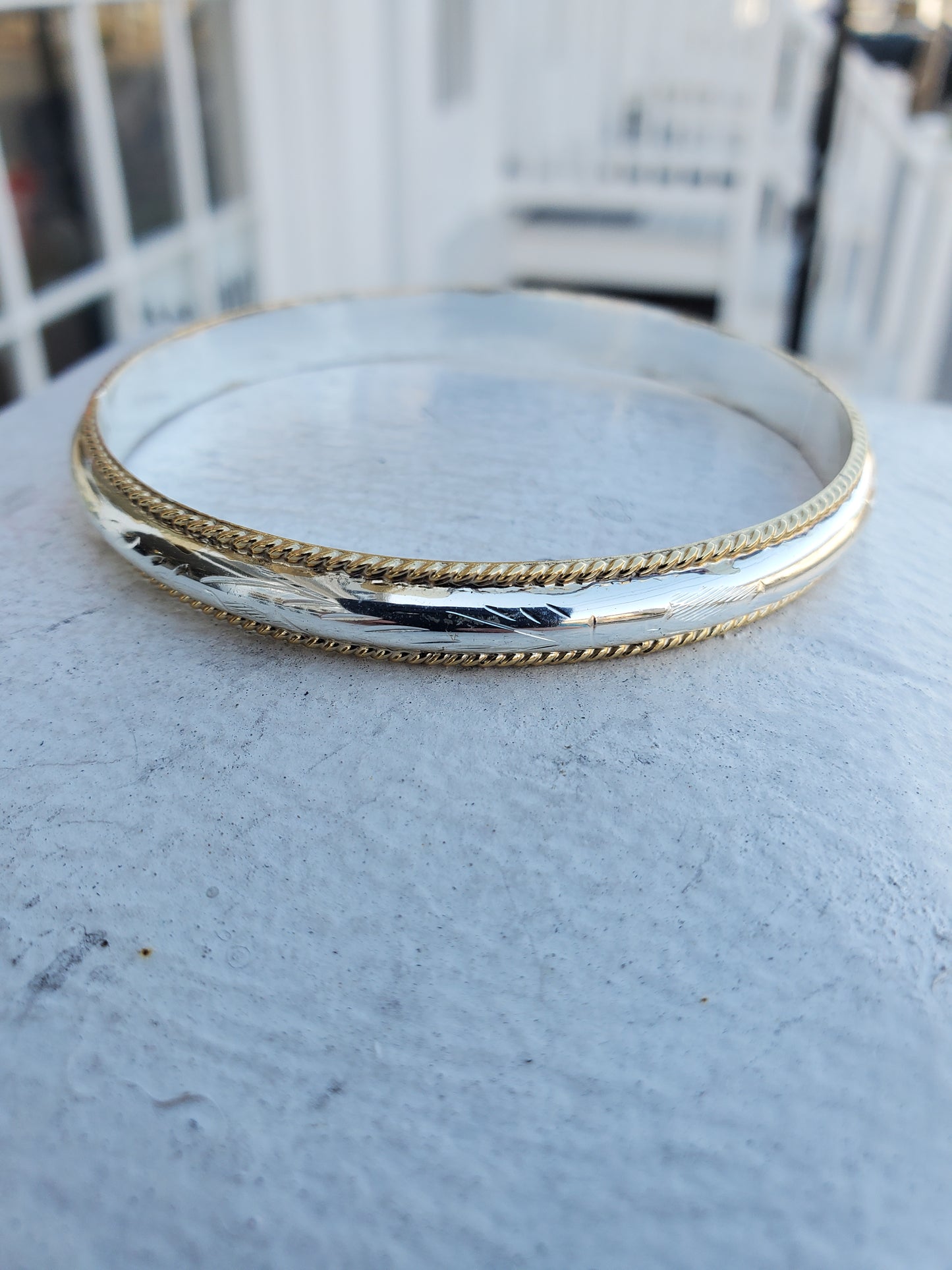 925 Sterling Silver 2-Tone Vermeil Textured Edge Diamond Cut Bangle Bracelet