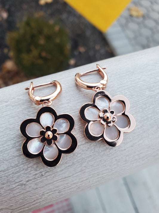925 Sterling Silver Rose Vermeil Mother of Pearl Flower Leaverback Earrings
