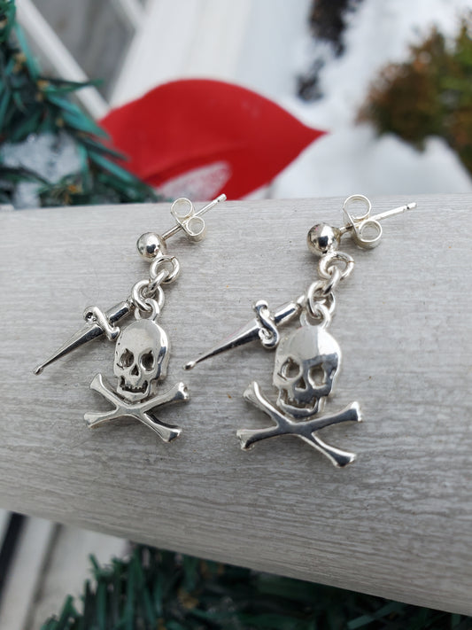 925 Sterling Silver Skull & Dagger Crossbones Dangle Earrings