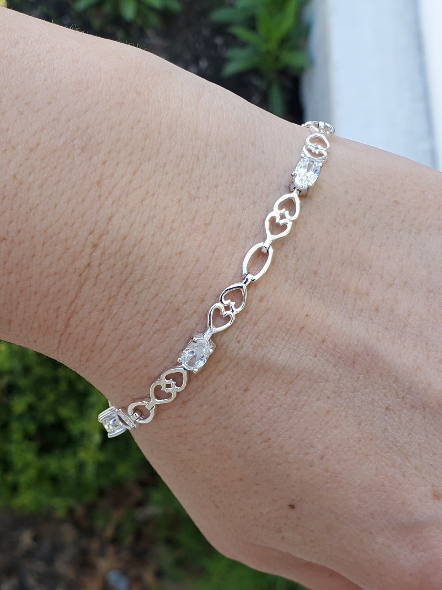 925 Sterling Silver Double Interconnected Heart CZ Zirconia Tennis Bracelet