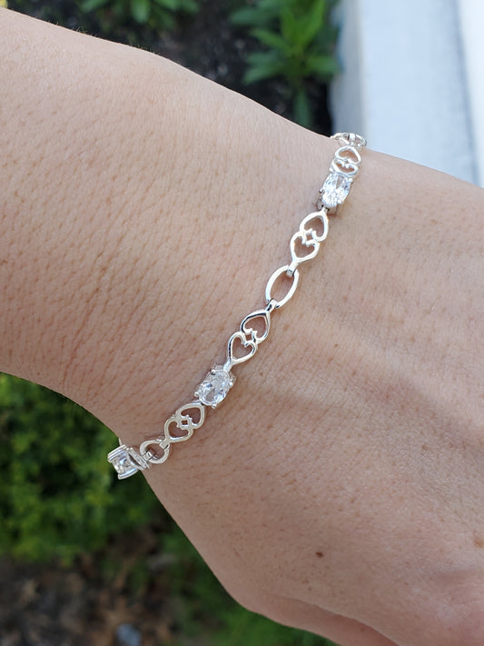 925 Sterling Silver Double Interconnected Heart CZ Zirconia Tennis Bracelet