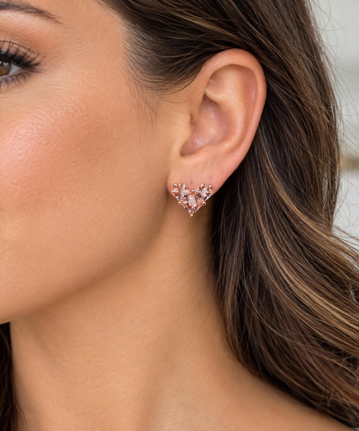 925 Stering Silver Rose Vermeil Tripolo Princess Cut Morganite Zirconia Stud Earrings