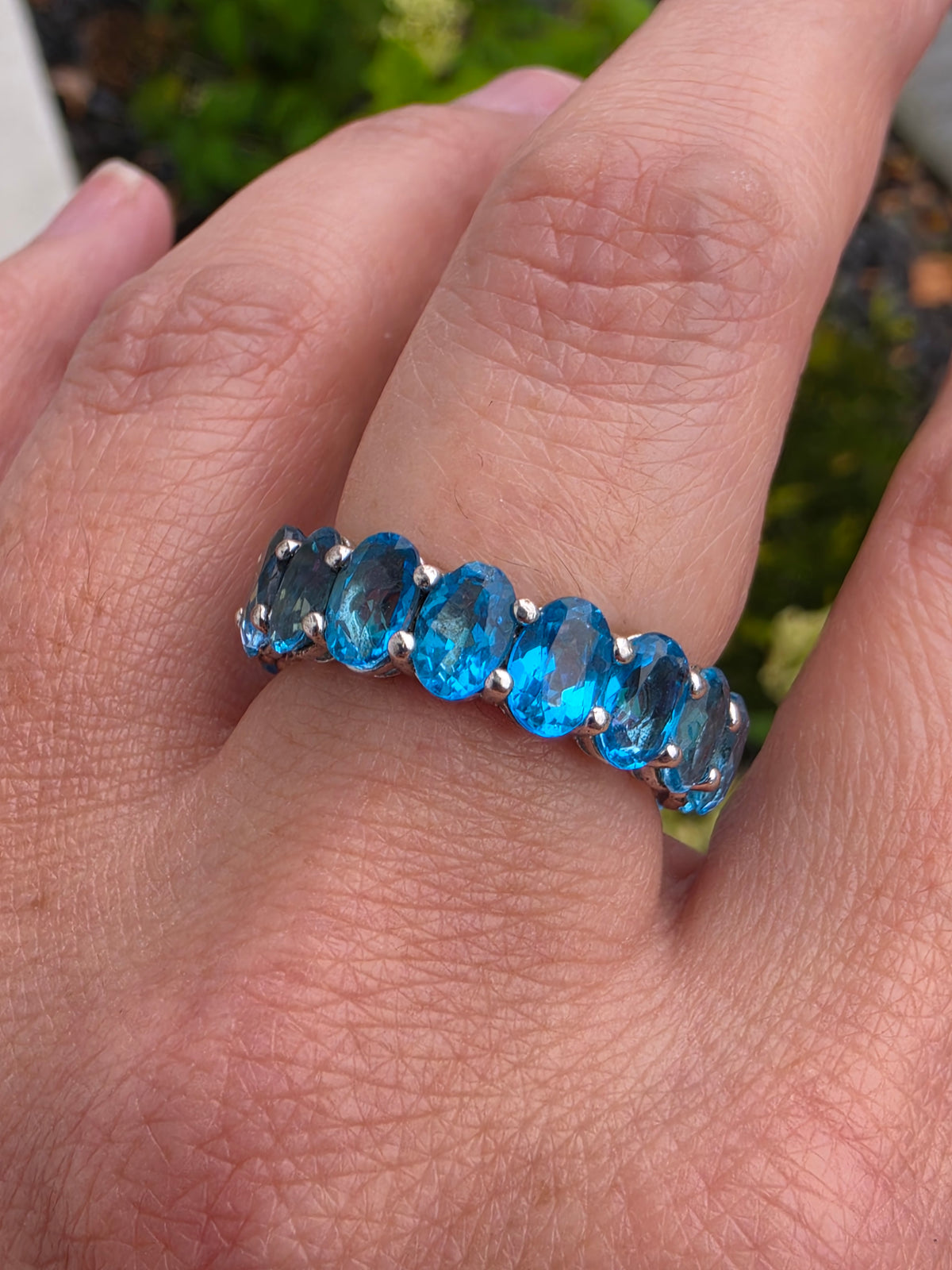 925 Sterling Silver Oval Swiss Blue Topaz Eternity Band Ring