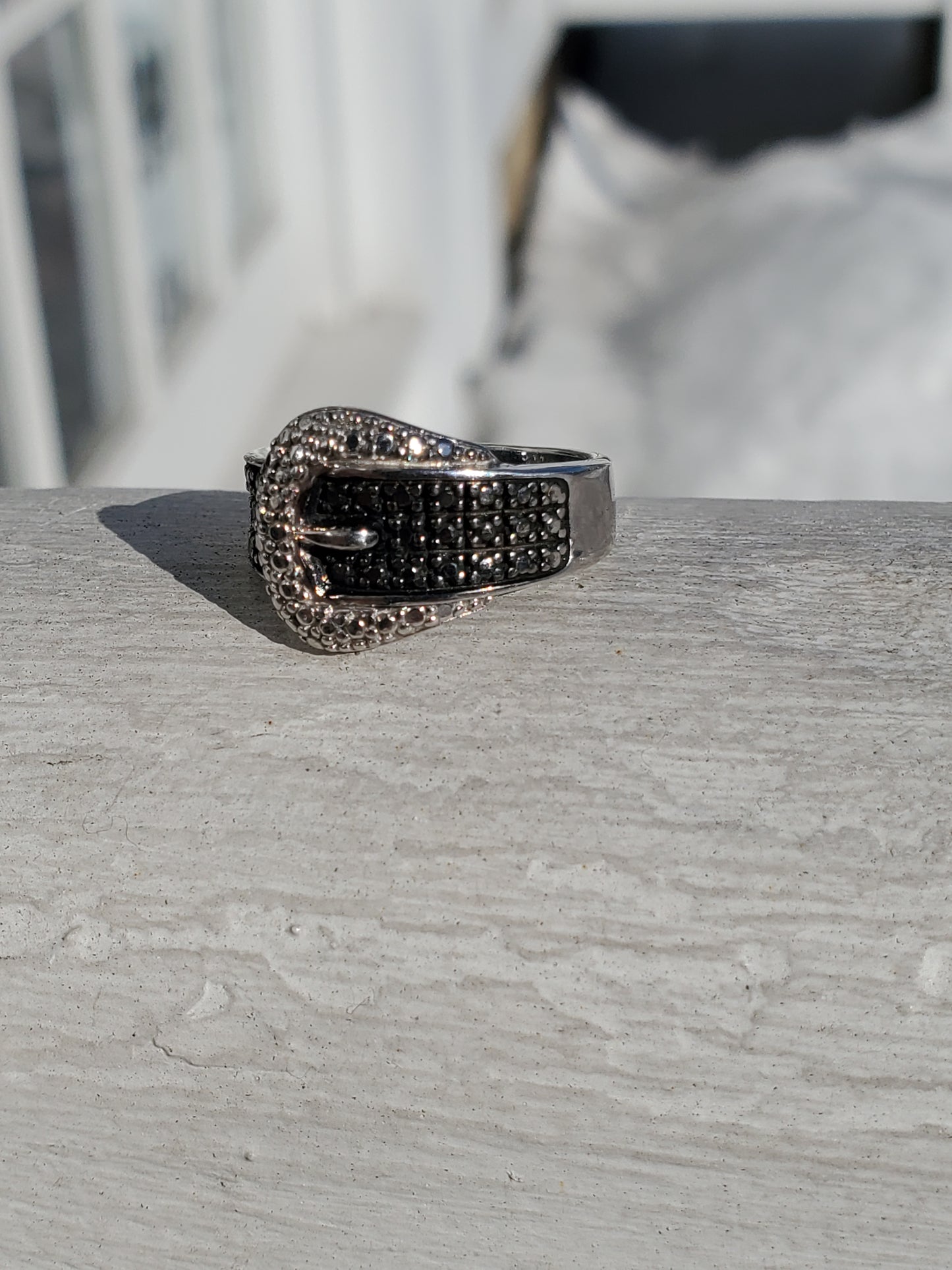 925 Sterling Silver Two-tone Black & Clear Zirconia CZ Belt Buckle Ring