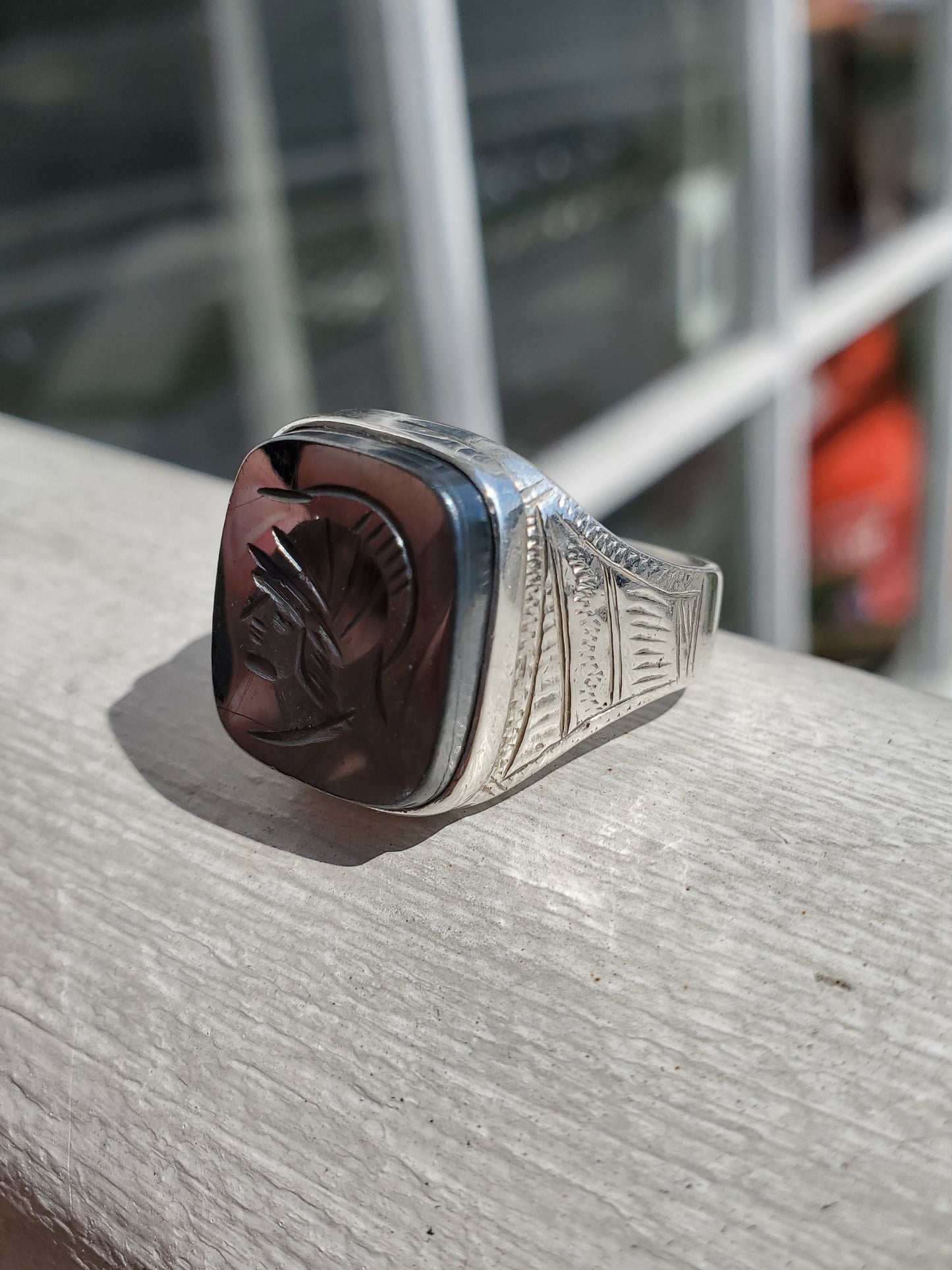 925 Sterling Silver Men's Hematite Intaglio Spartan Solider Signet Ring