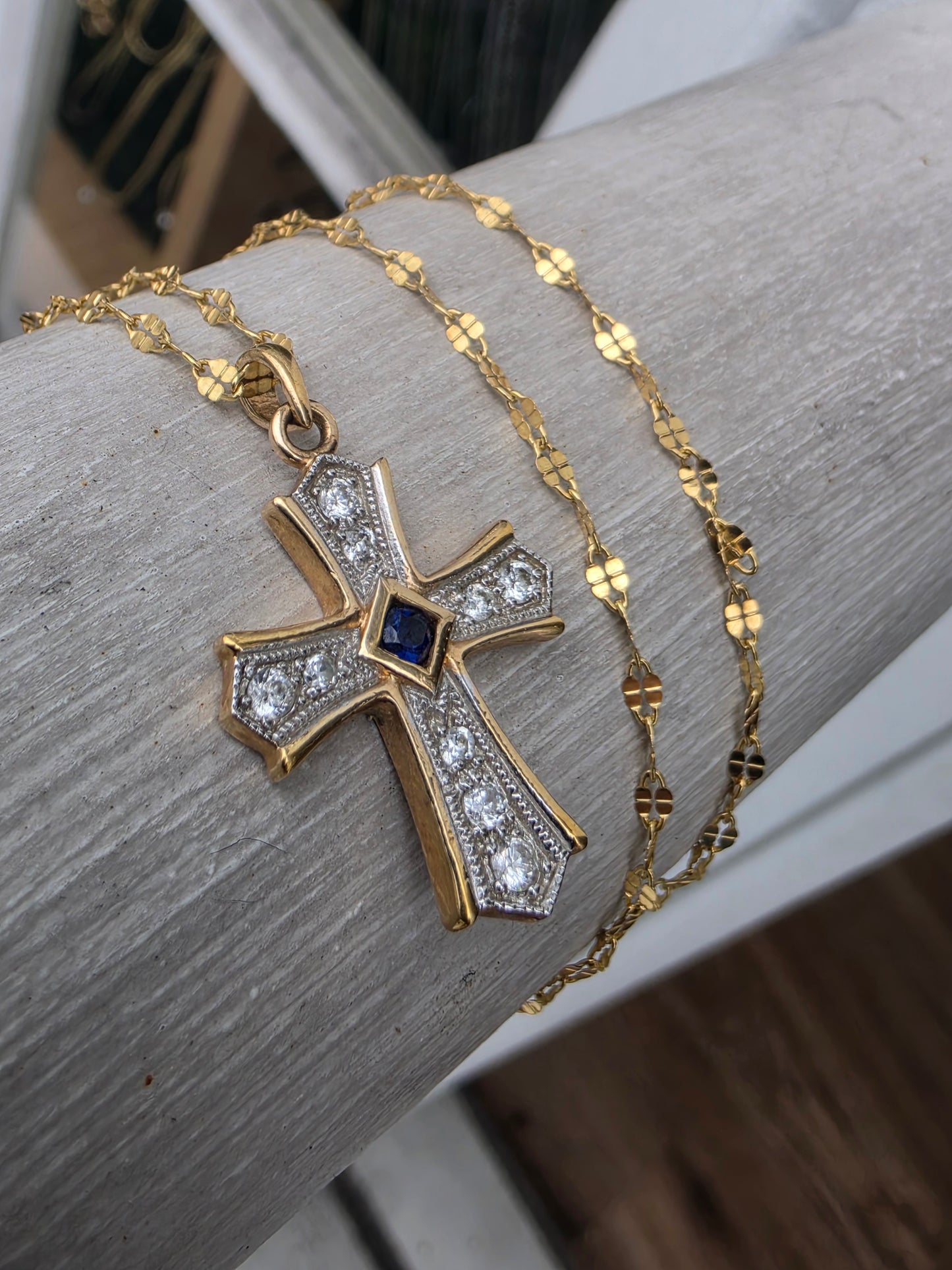 925 Sterling Silver Vermeil Two-Tone Princess Cut Lab Sapphire & Zirconia CZ Cross Necklace