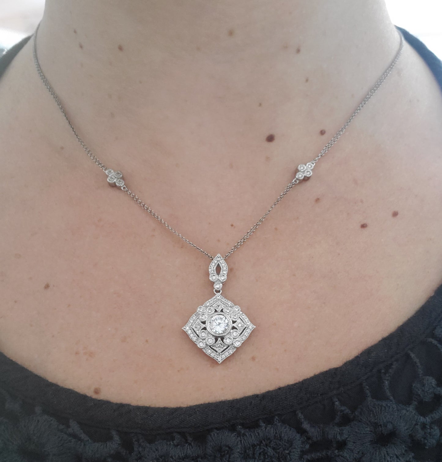 925 Sterling Silver "Sparkling Prestige" Filagre Bezel Set Zirconia Necklace w/ Embellishments