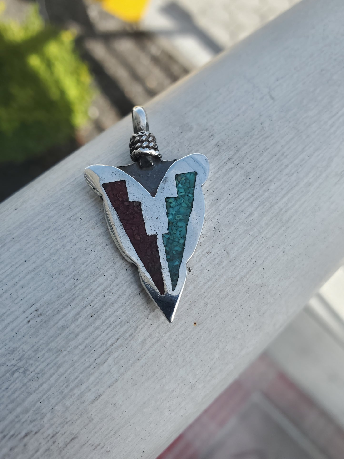 925 Sterling Silver crushed Turquoise & Coral Inlay Arrowhead Pendant Charm