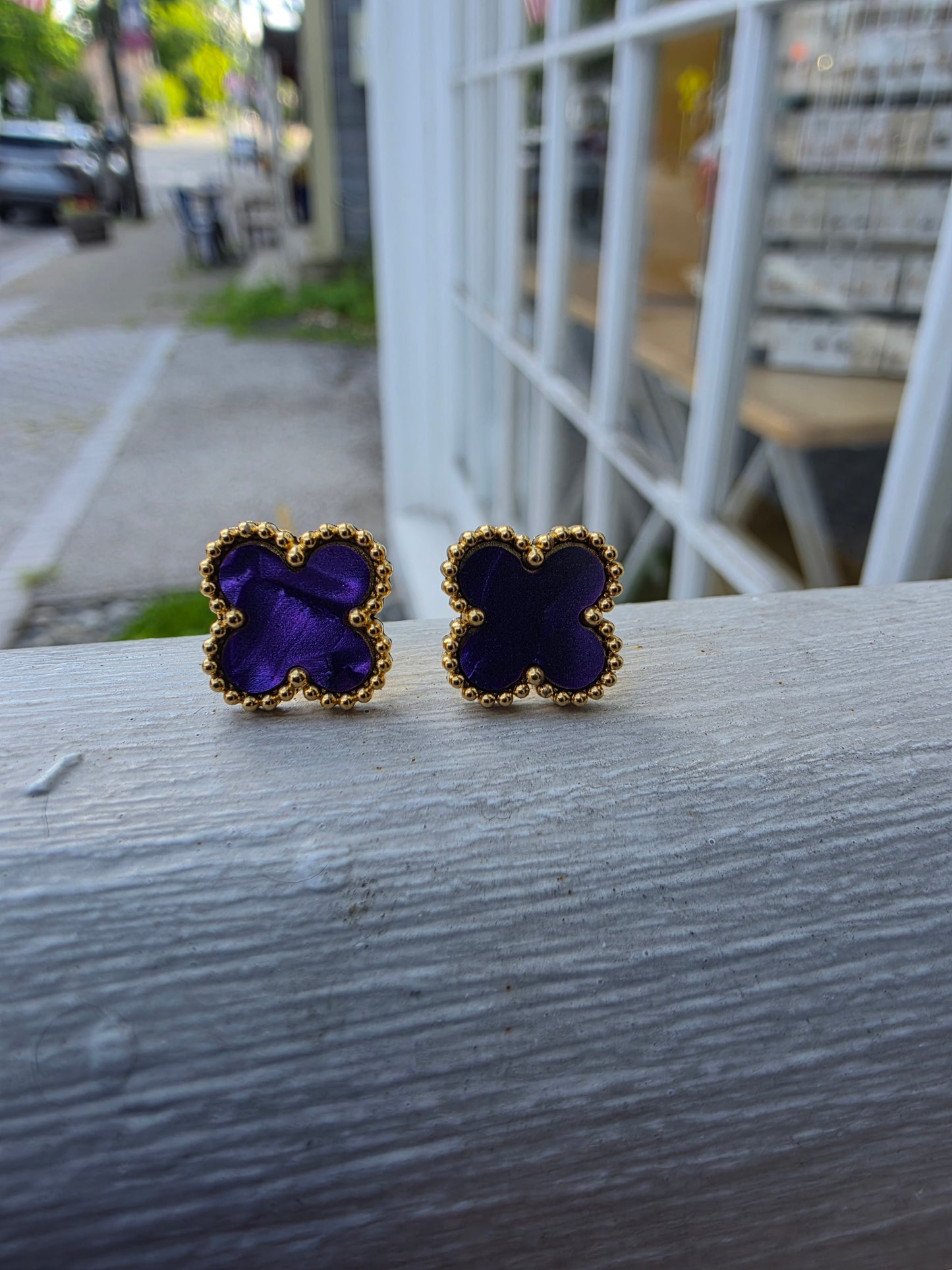 Stainless Steel Gold-plated Clover Station Van Cleef Style Purple Enamel Alhambra Necklace, Bracelet & Earring Gift Set