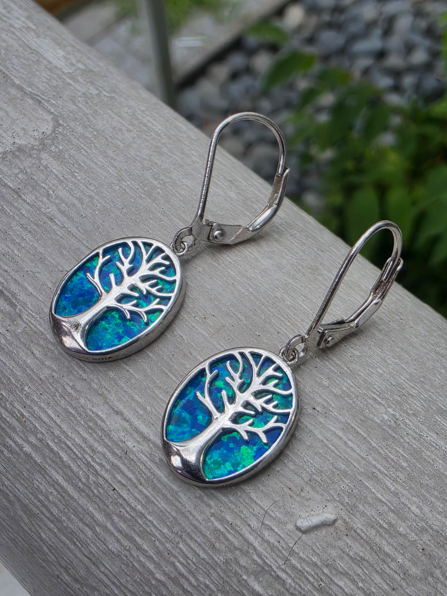 925 Sterling Silver Blue Opal Tree of Life Dangling Earrings