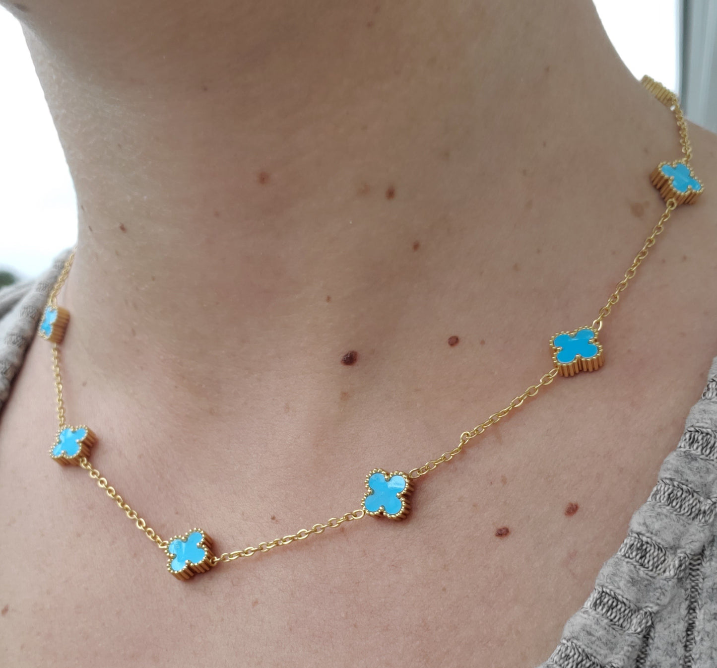 Stainless Steel Vermeil Ladies Sky-blue Quatrefoil Clover Enamel Station Necklace