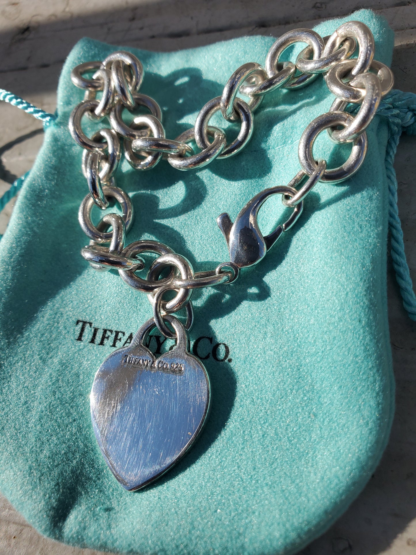 925 Sterling Silver Tiffany & Co. dangle heart tag chain link bracelet